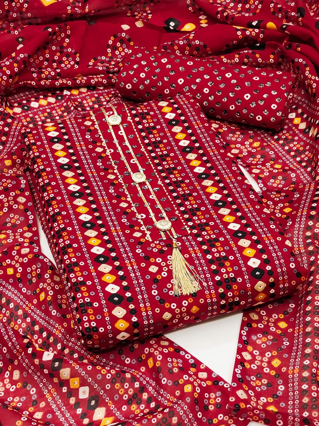 

ZEEPKART Bandhani Printed Unstitched Dress Material, Red