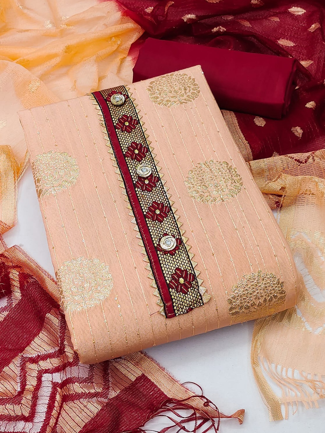 

ZEEPKART Ethnic Motifs Woven Design Unstitched Dress Material, Peach