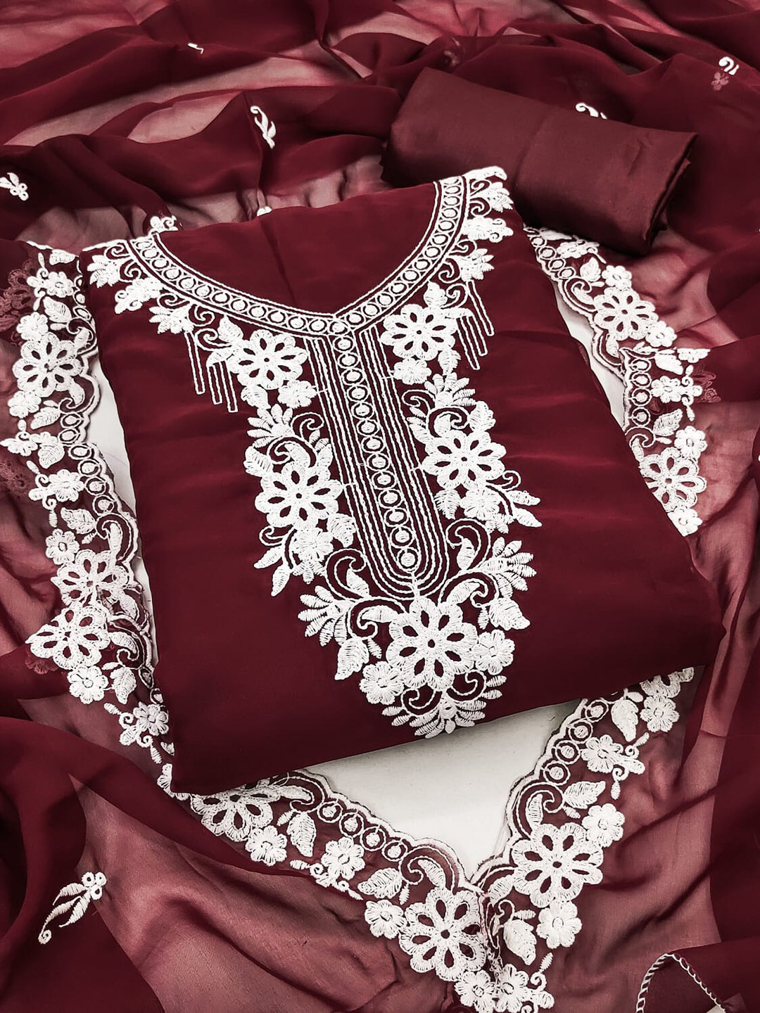 

ZEEPKART Floral Embroidered Unstitched Dress Material, Maroon
