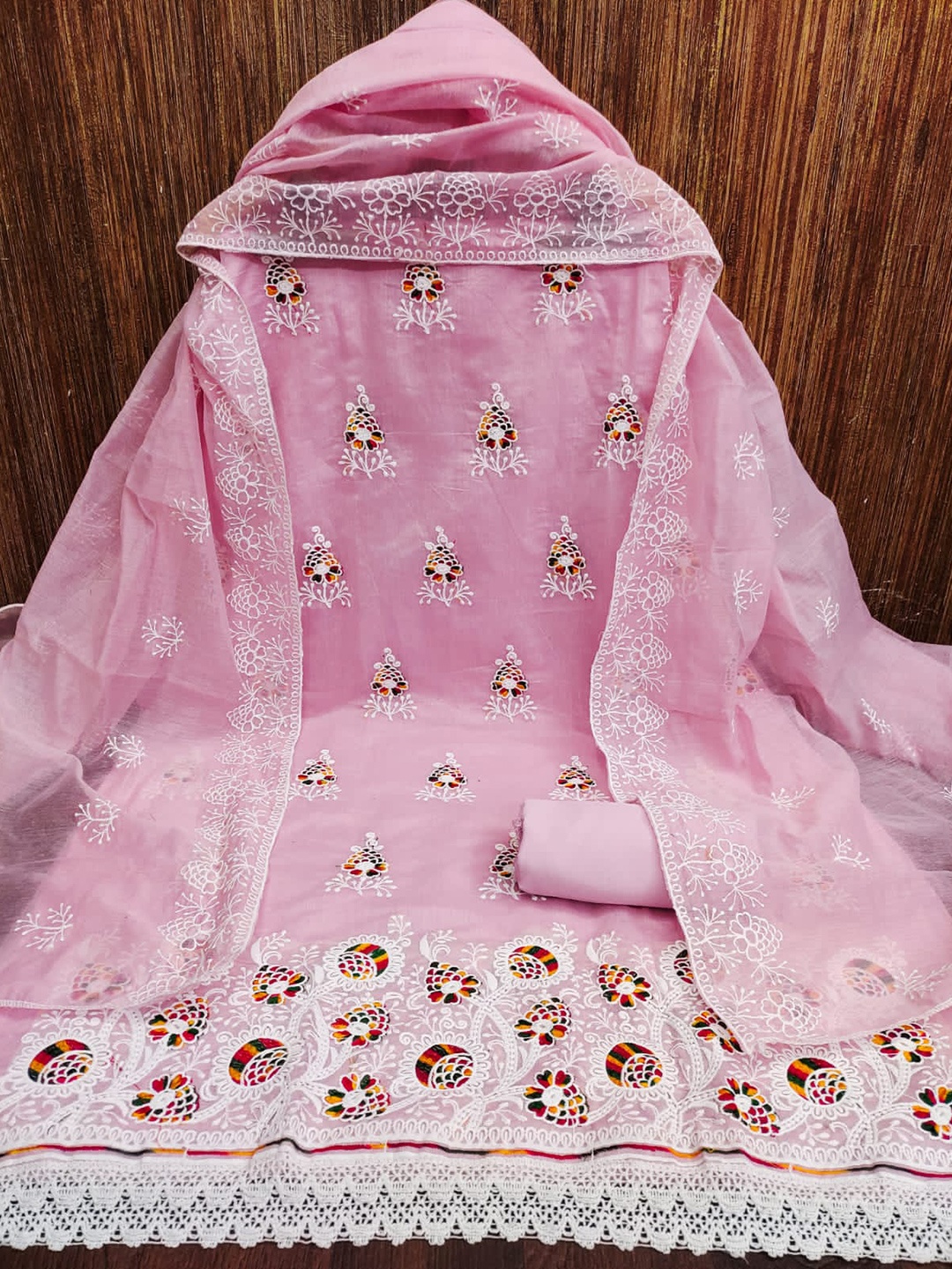 

ZEEPKART Ethnic Motifs Embroidered Unstitched Dress Material, Pink