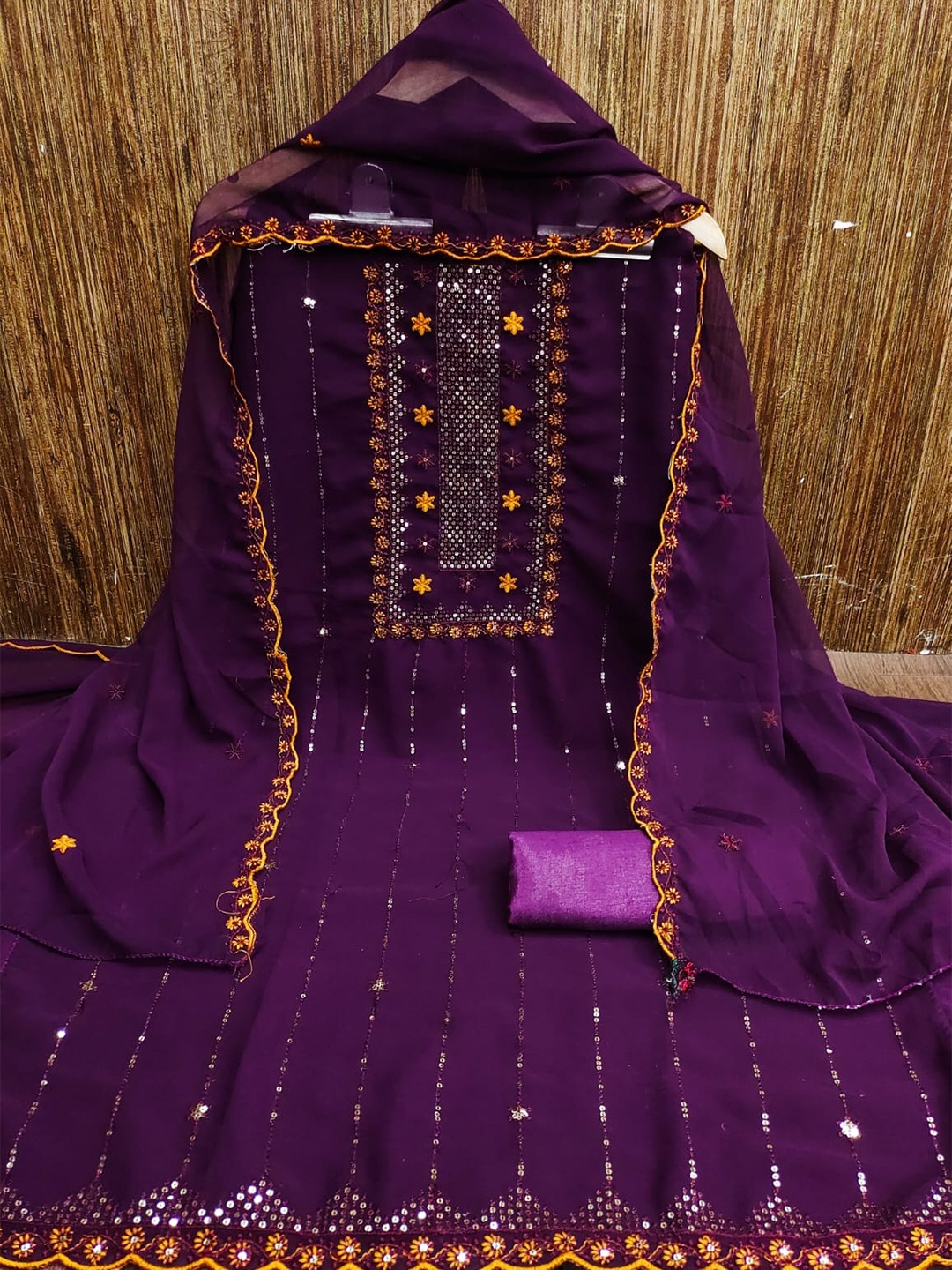 

ZEEPKART Striped Embroidered Sequinned Unstitched Dress Material, Purple