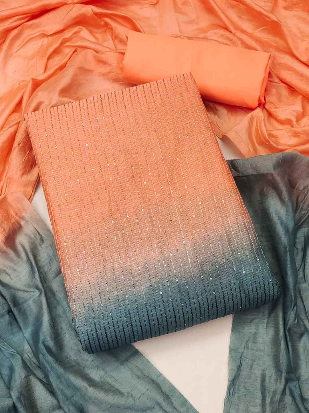 

ZEEPKART Striped Embroidered Sequinned Unstitched Dress Material, Orange