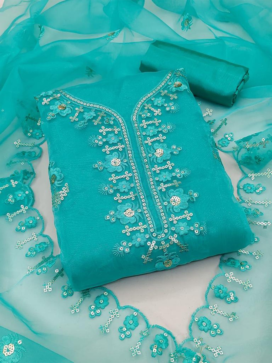 

ZEEPKART Floral Embroidered Organza Unstitched Dress Material, Blue