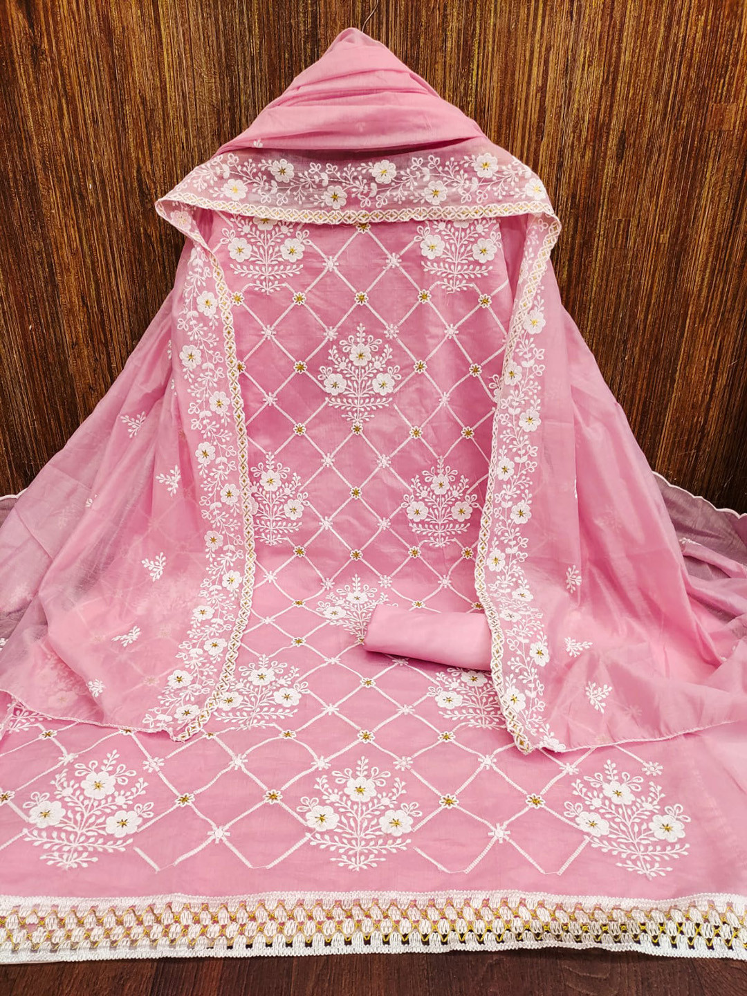 

ZEEPKART Floral Embroidered Unstitched Dress Material, Pink