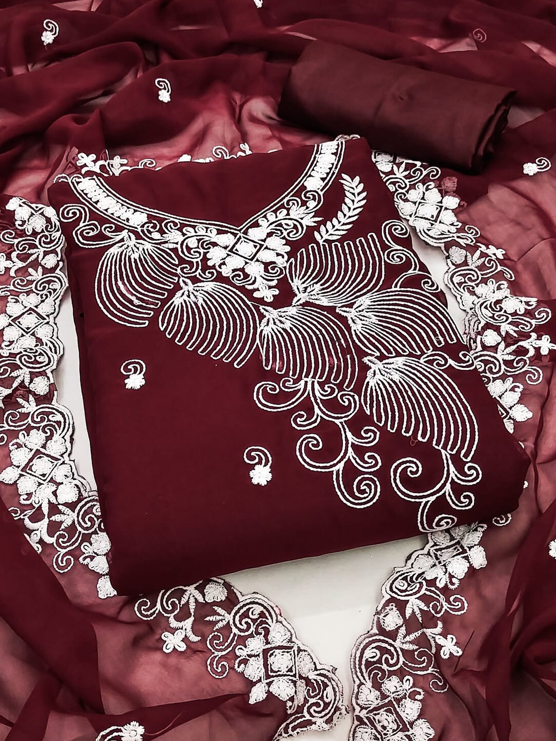 

ZEEPKART Floral Embroidered Unstitched Dress Material, Maroon