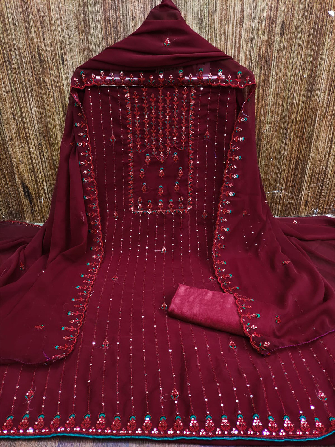 

ZEEPKART Floral Embroidered Sequinned Unstitched Dress Material, Maroon
