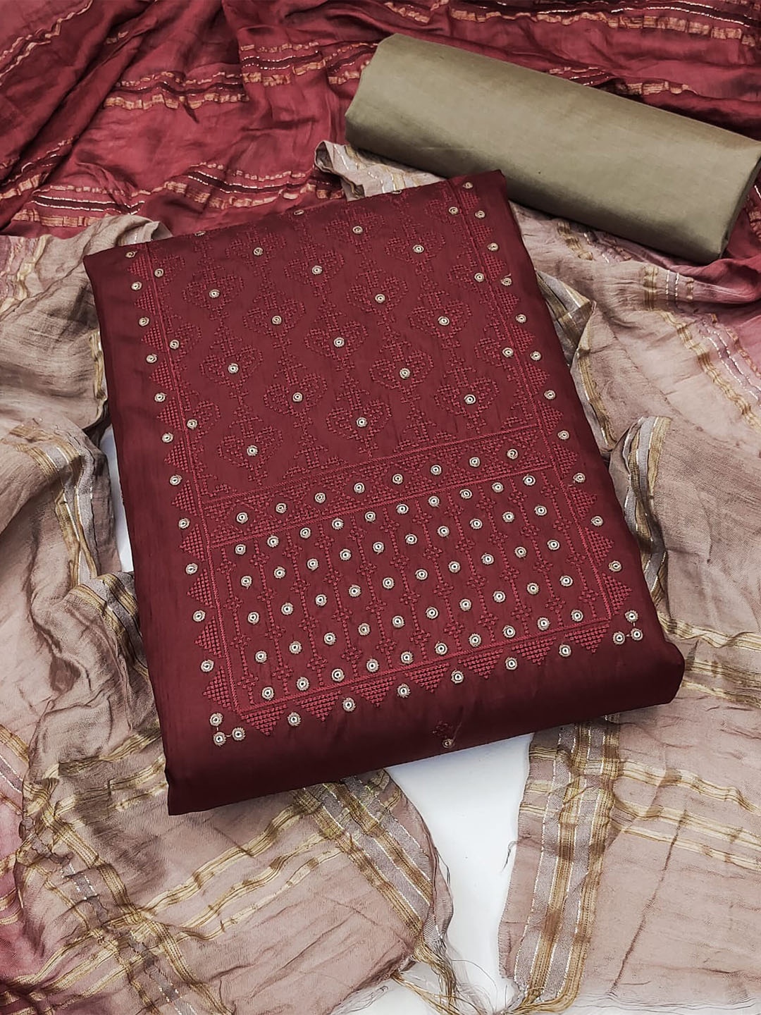 

ZEEPKART Ethnic Motifs Embroidered Thread Work Detailed Unstitched Dress Material, Maroon