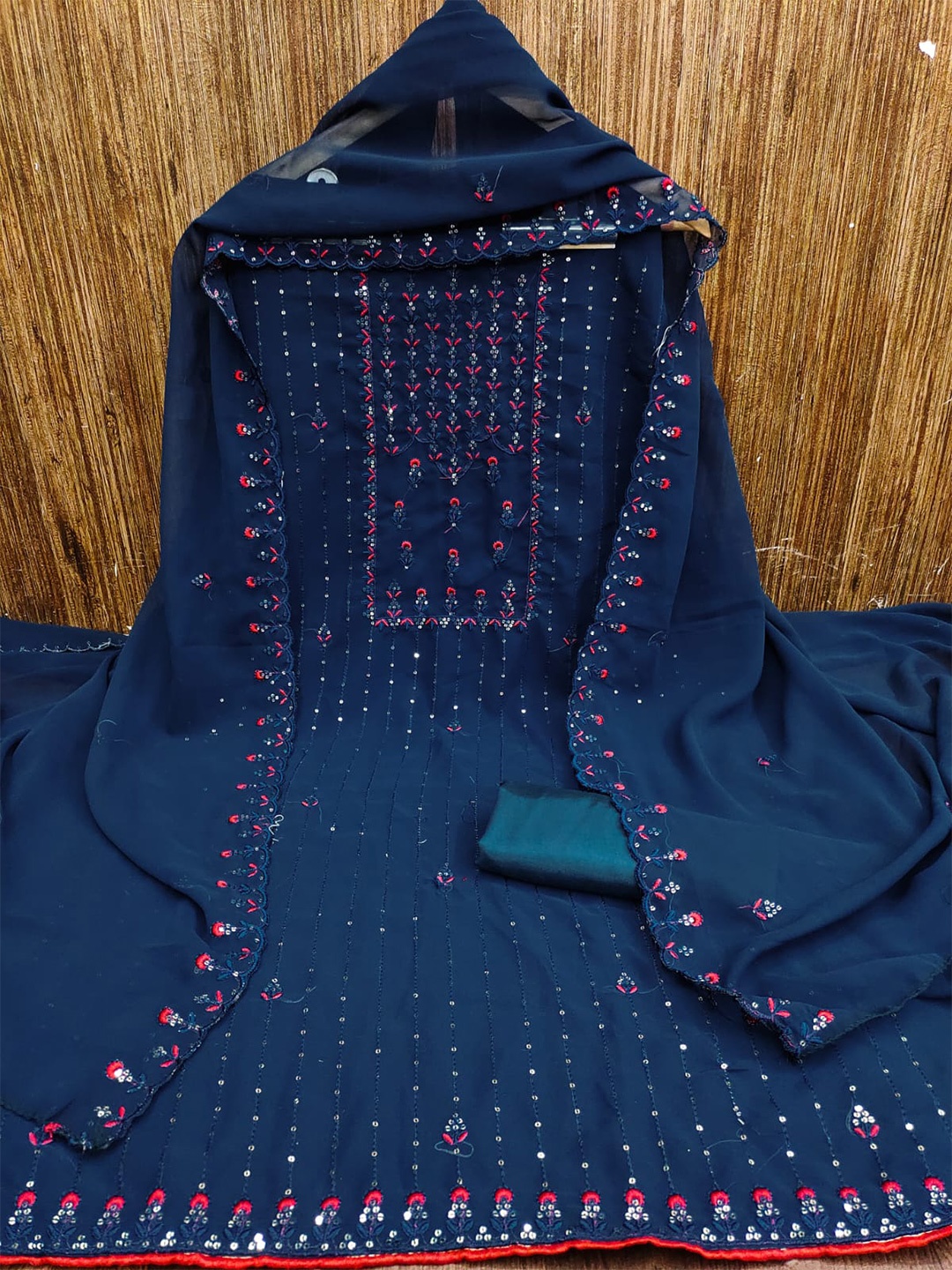 

ZEEPKART Floral Embroidered Sequined Dress Material, Navy blue