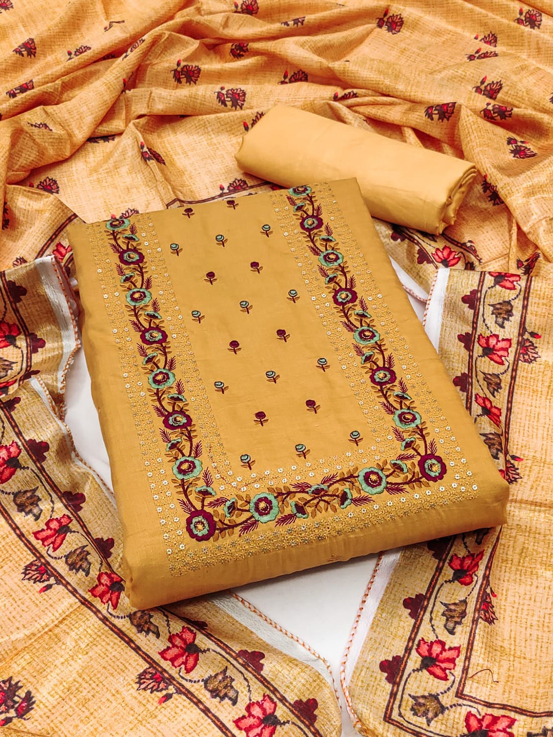 

ZEEPKART Embroidered Unstitched Dress Material, Mustard
