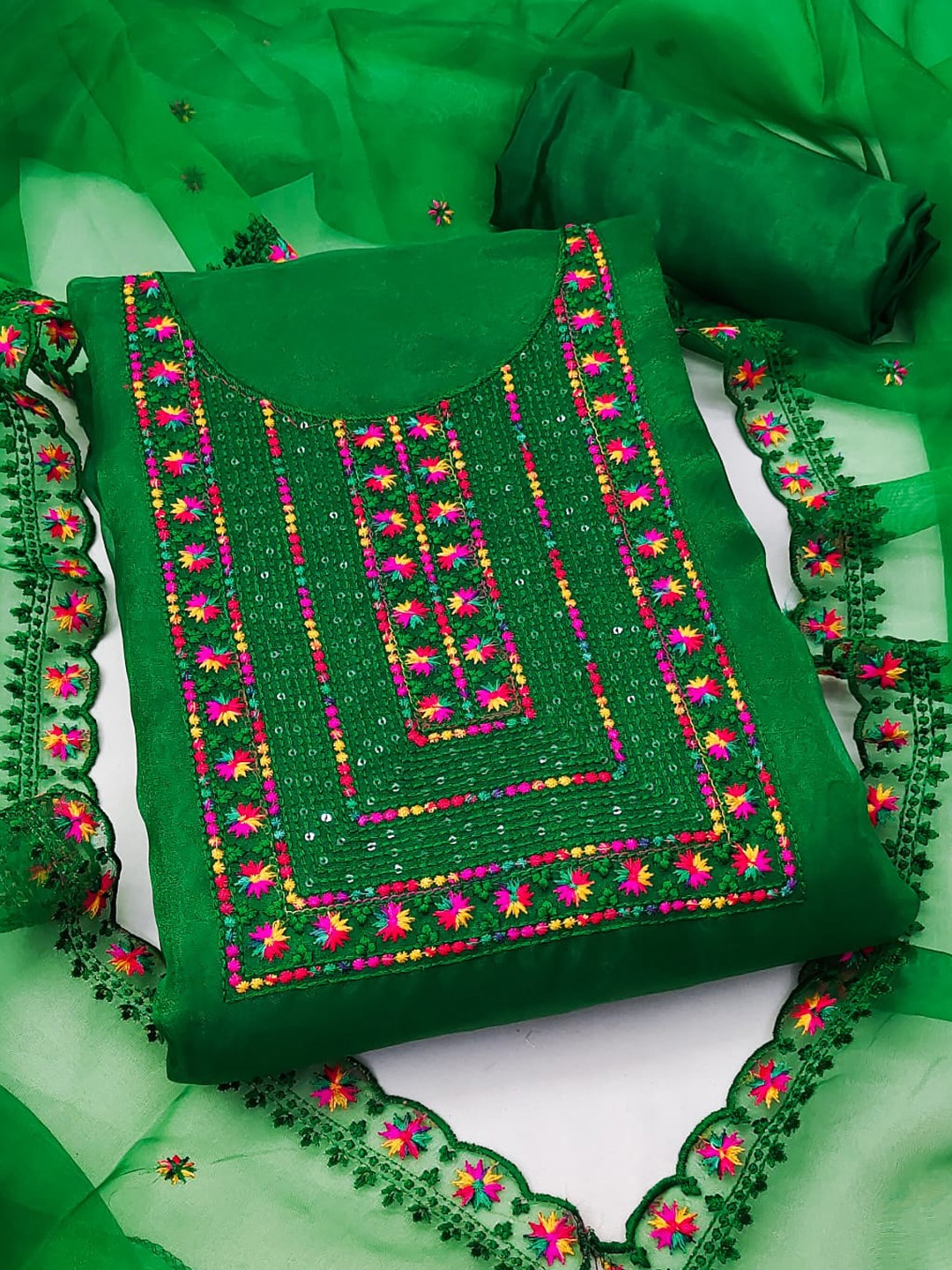 

ZEEPKART Embroidered Organza Unstitched Dress Material, Green