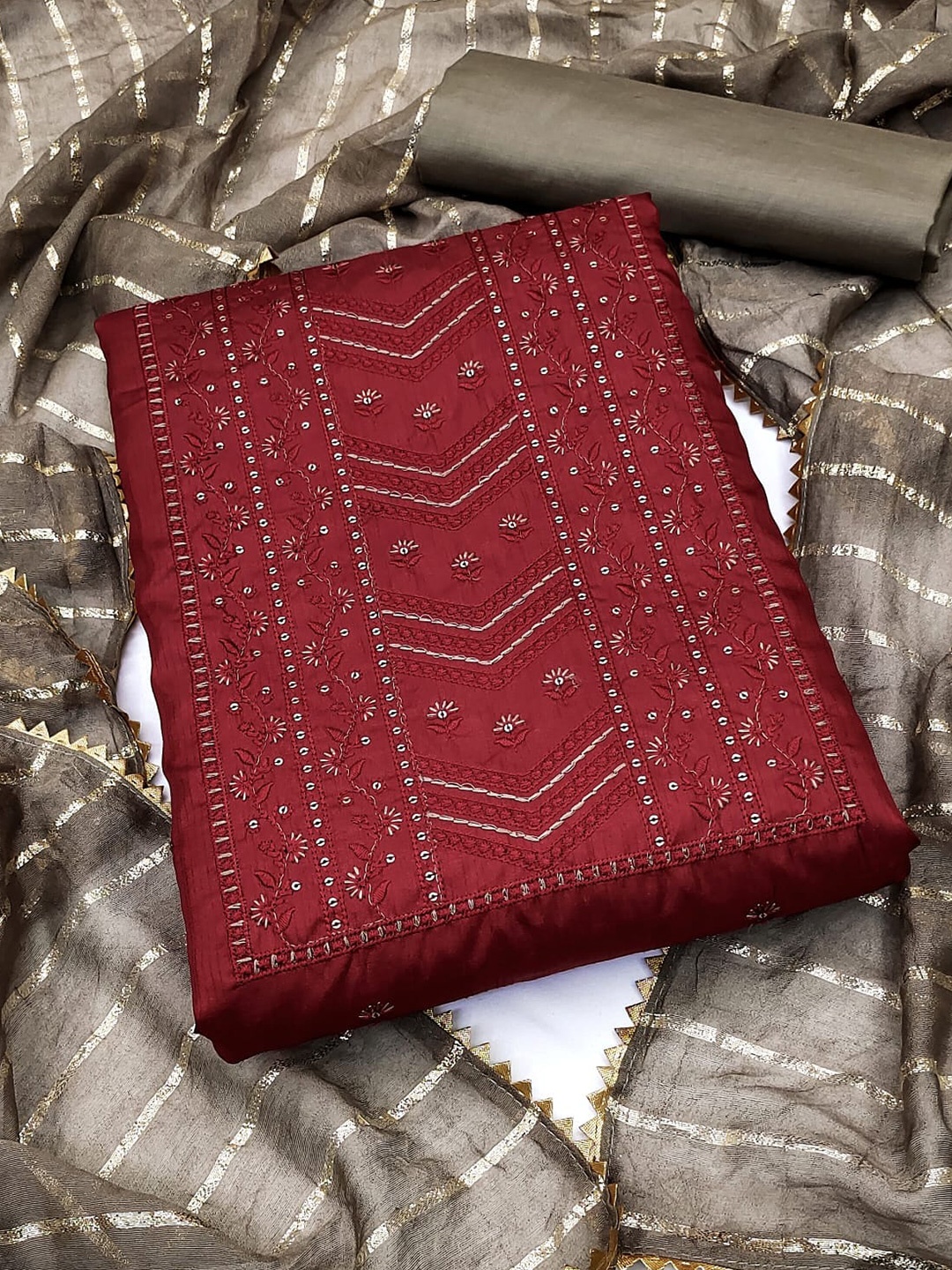 

ZEEPKART Embroidered Unstitched Dress Material, Maroon