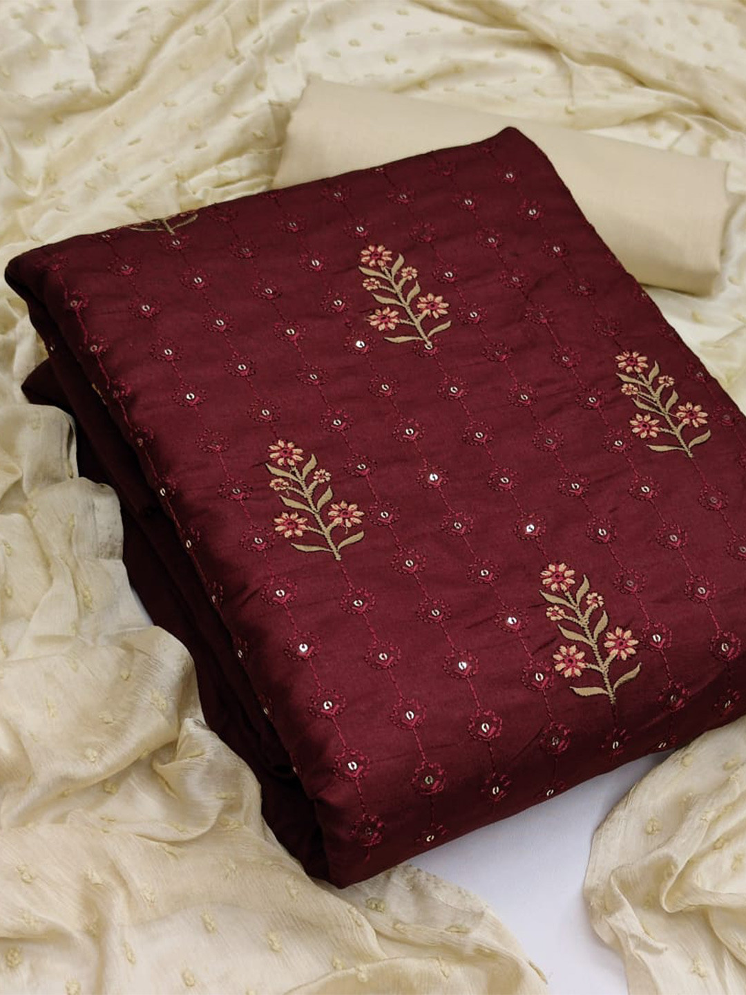 

ZEEPKART Embroidered Unstitched Dress Material, Maroon