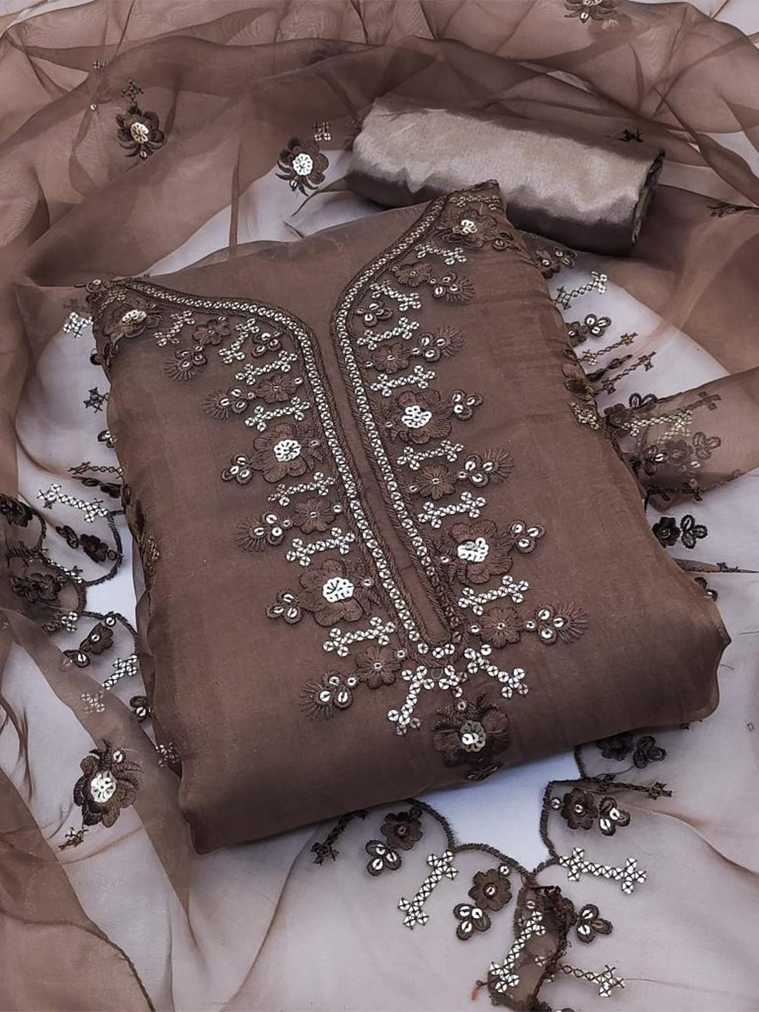 

ZEEPKART Floral Embroidered Sequinned Organza Unstitched Dress Material, Brown