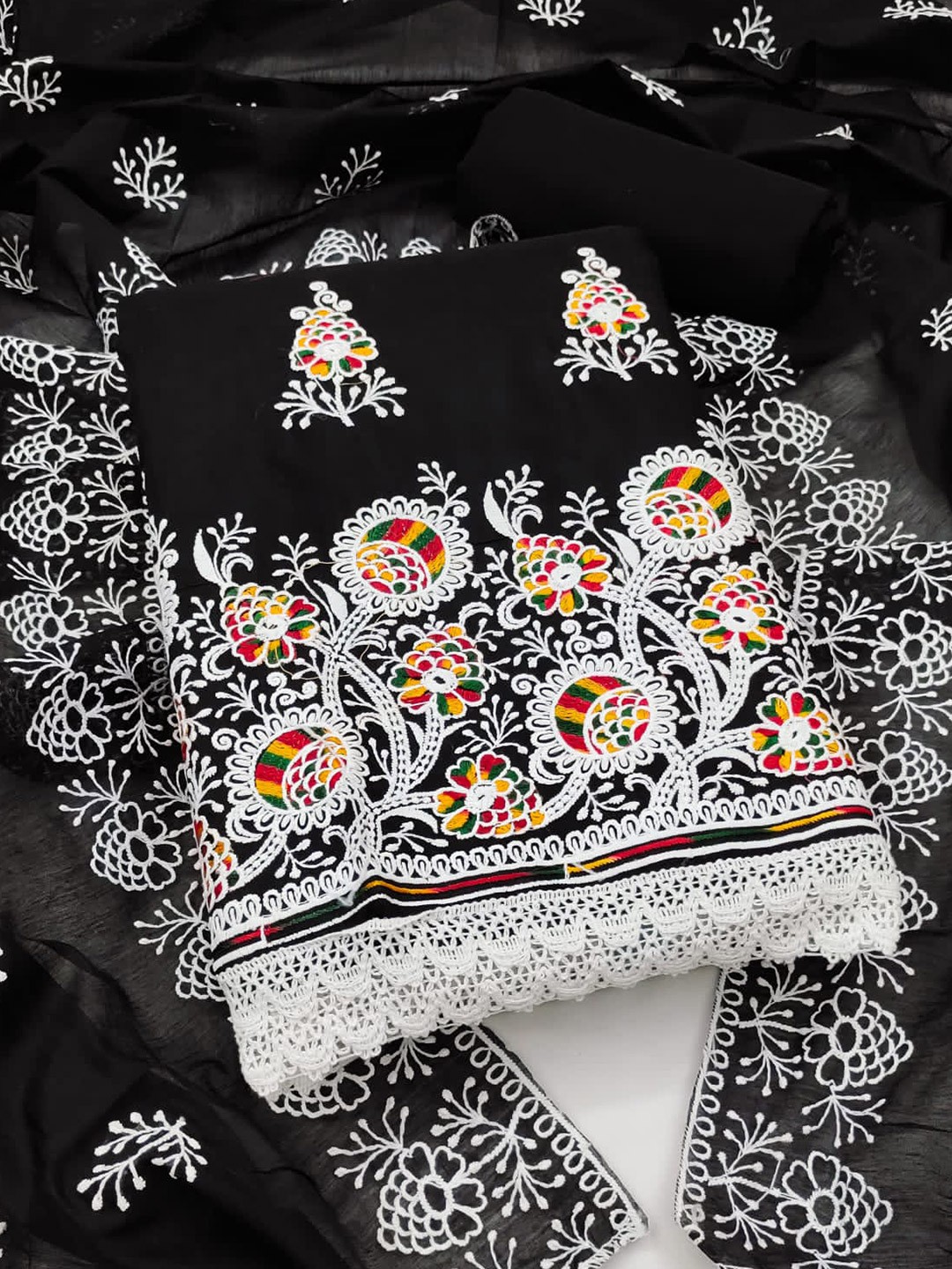 

ZEEPKART Floral Embroidered Unstitched Dress Material, Black