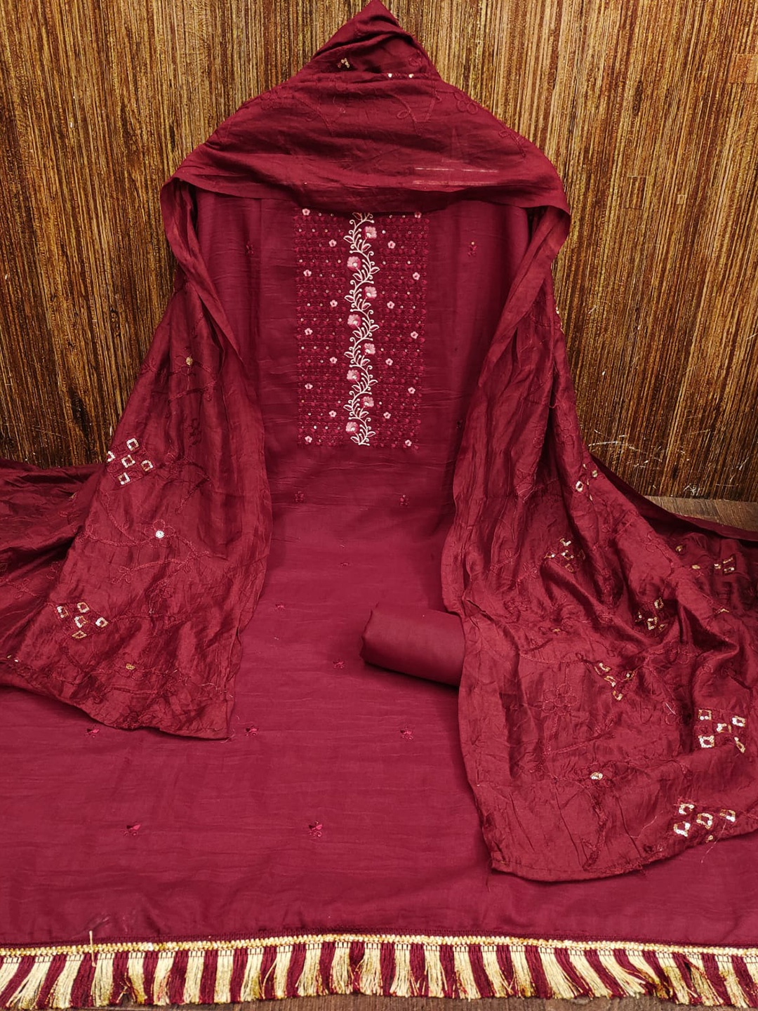 

ZEEPKART Floral Embroidered Sequined Unstitched Dress Material, Maroon