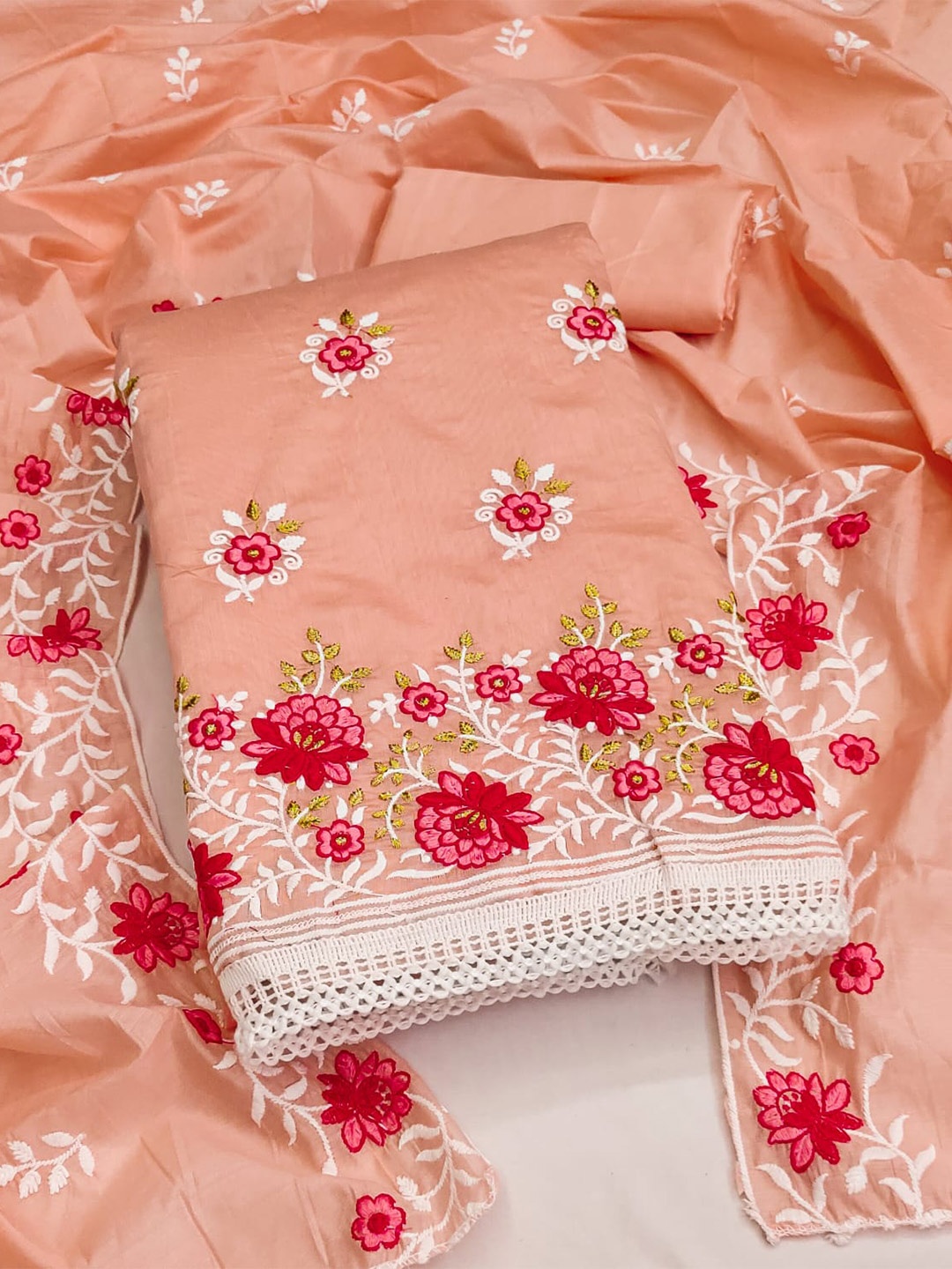

ZEEPKART Floral Embroidered Unstitched Dress Material, Orange