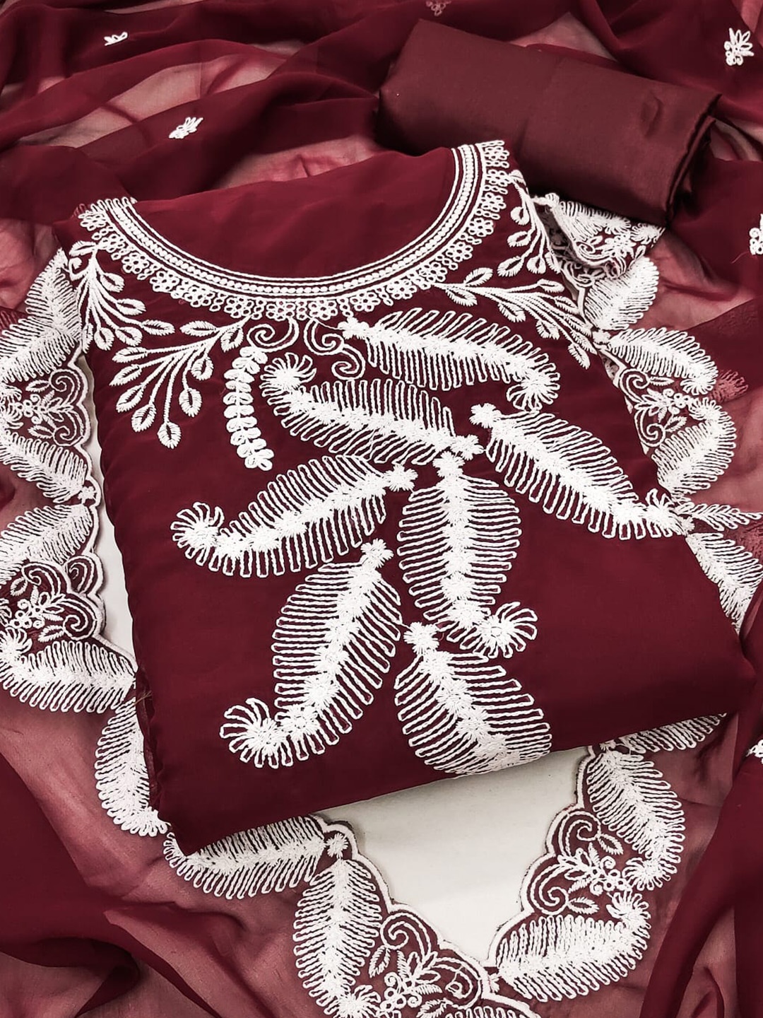 

ZEEPKART Floral Embroidered Unstitched Dress Material, Maroon