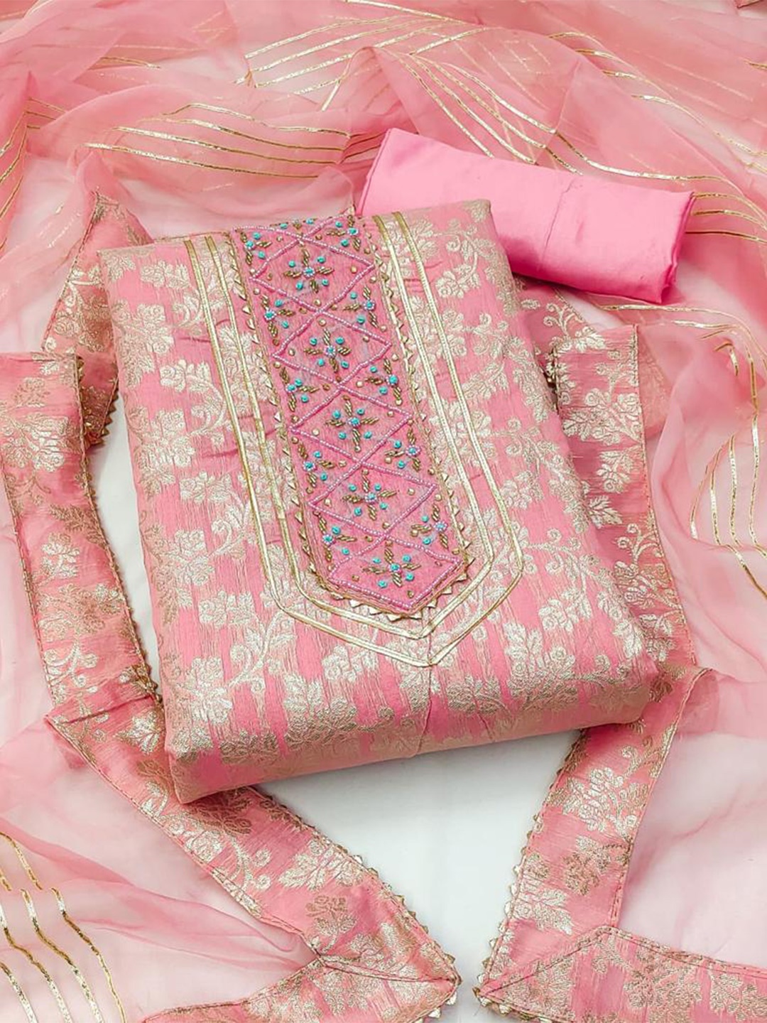 

ZEEPKART Floral Woven Design Unstitched Dress Material, Pink