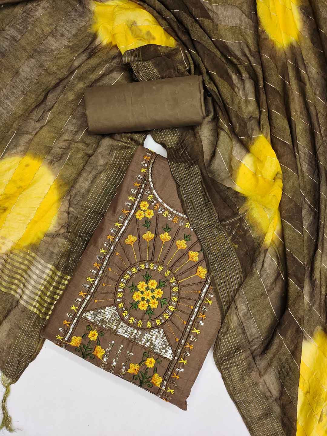 

ZEEPKART Floral Embroidered Sequined Unstitched Dress Material, Brown
