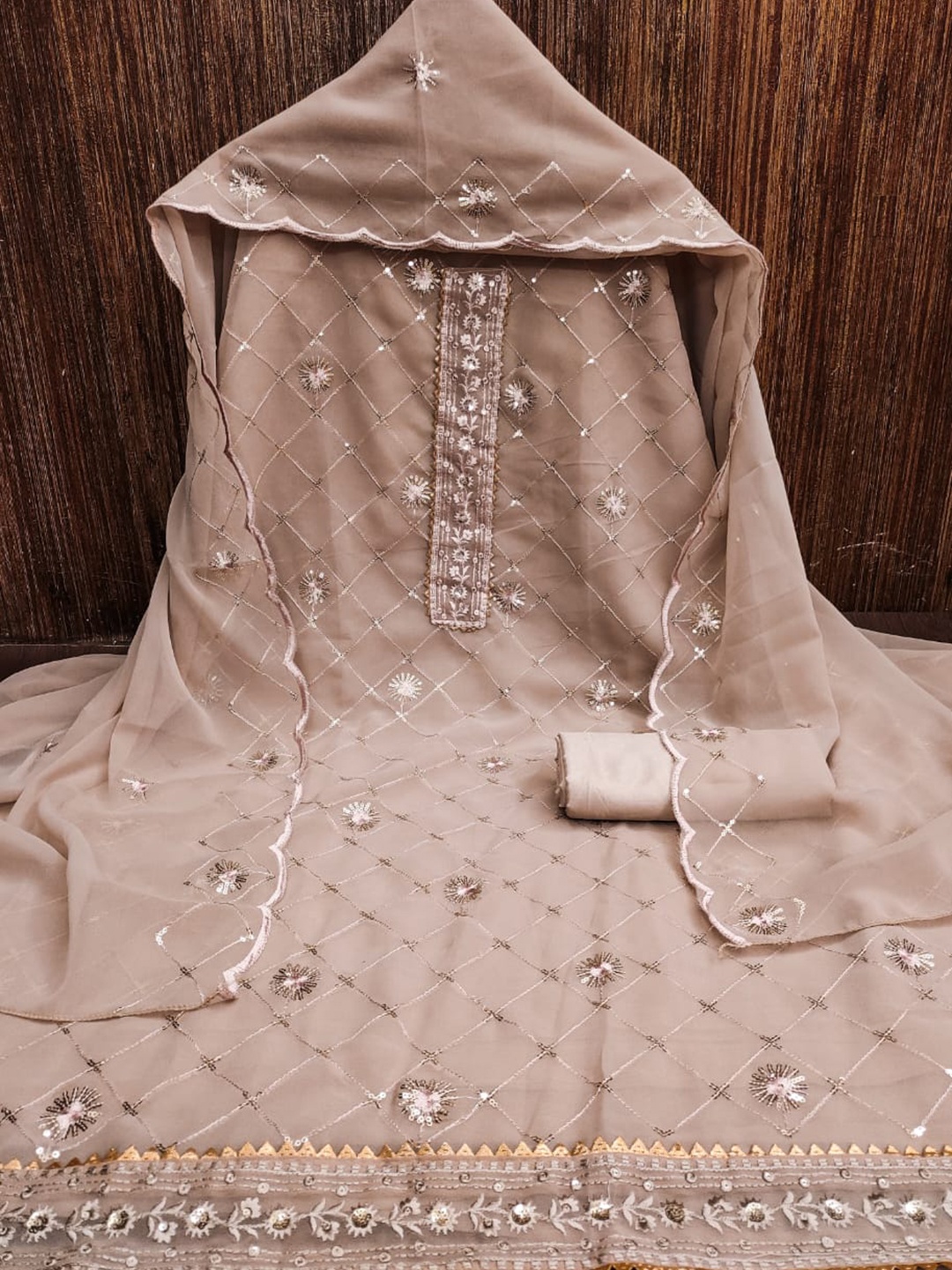 

ZEEPKART Floral Embroidered Unstitched Dress Material, Brown