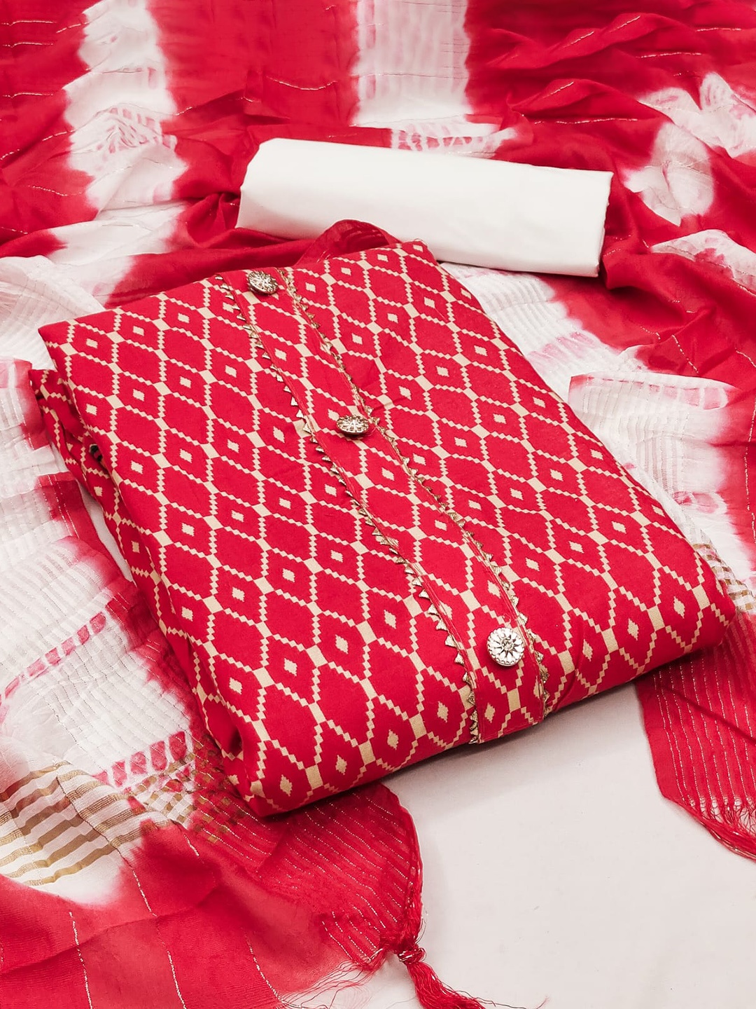 

ZEEPKART Geometric Printed Unstitched Dress Material, Red