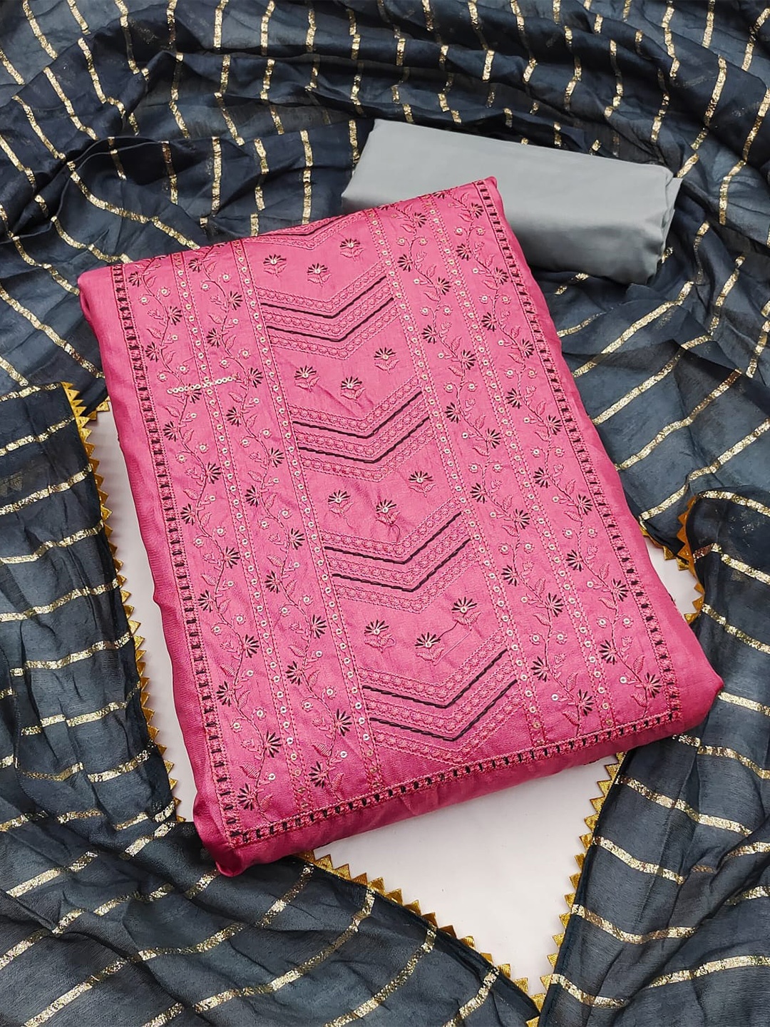 

ZEEPKART Ethnic Motifs Embroidered Unstitched Dress Material, Pink