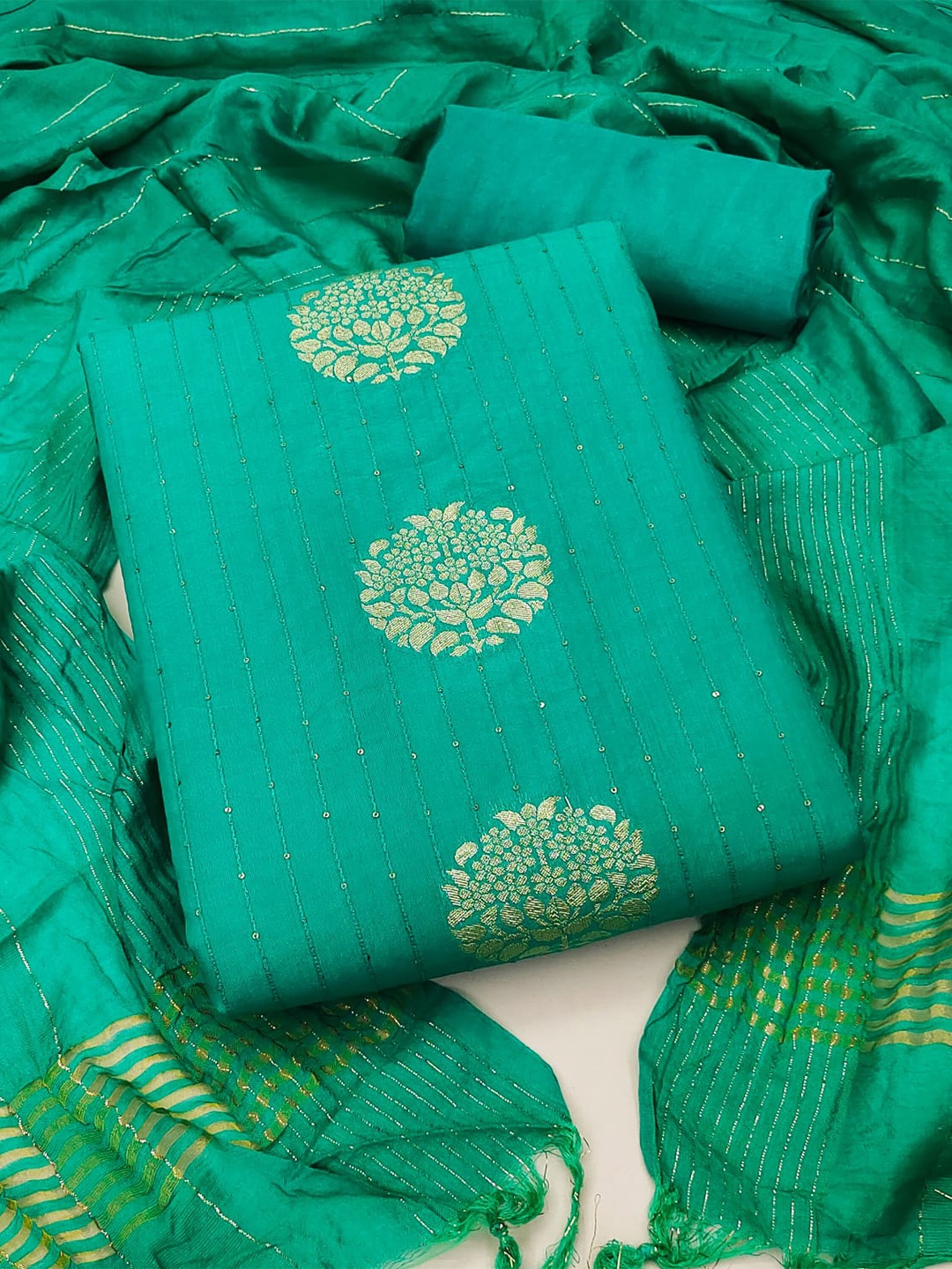 

ZEEPKART Ethnic Motifs Woven Design Sequinned Unstitched Dress Material, Green