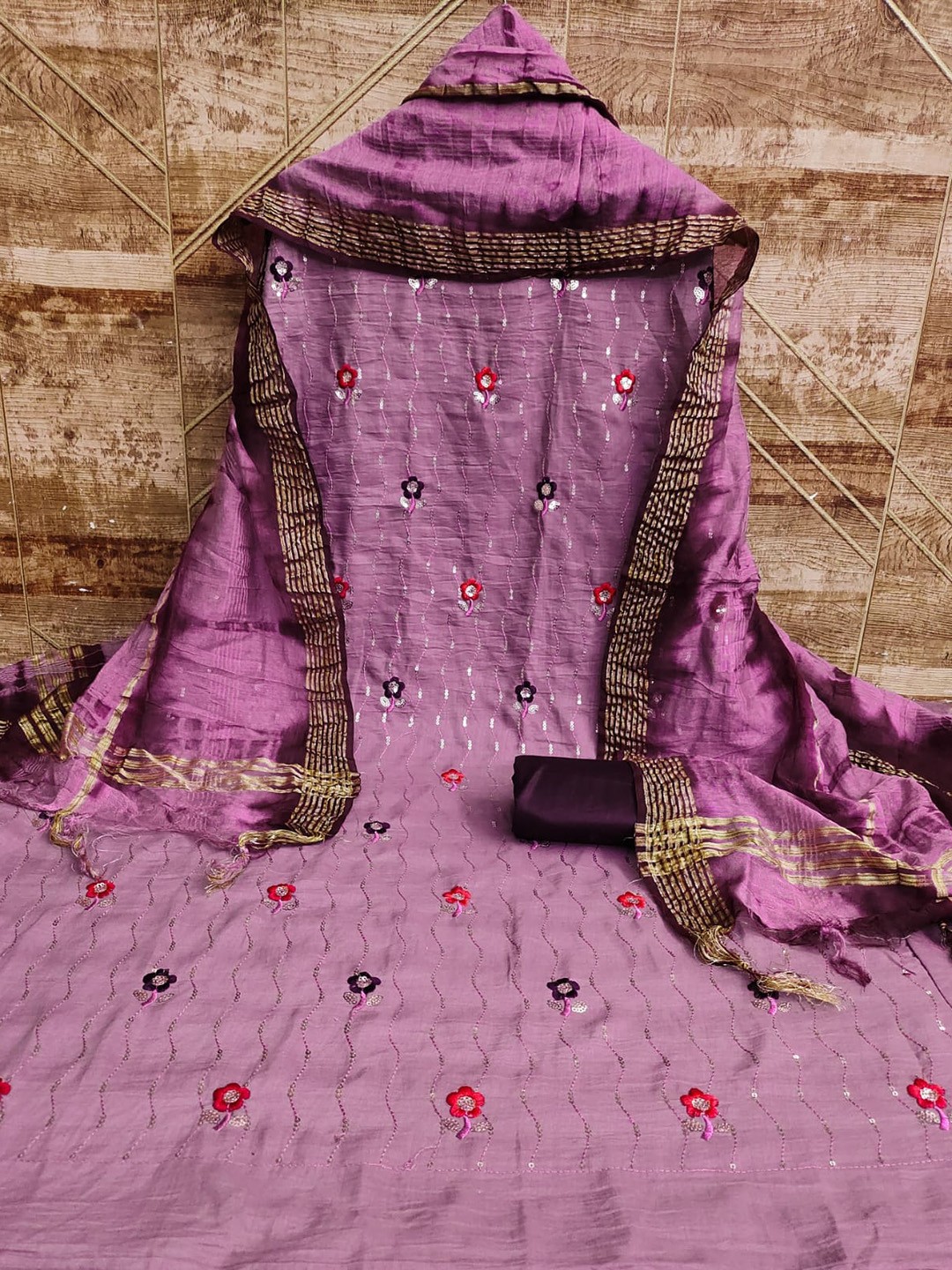 

ZEEPKART Ethnic Motifs Embroidered Sequinned Unstitched Dress Material, Purple