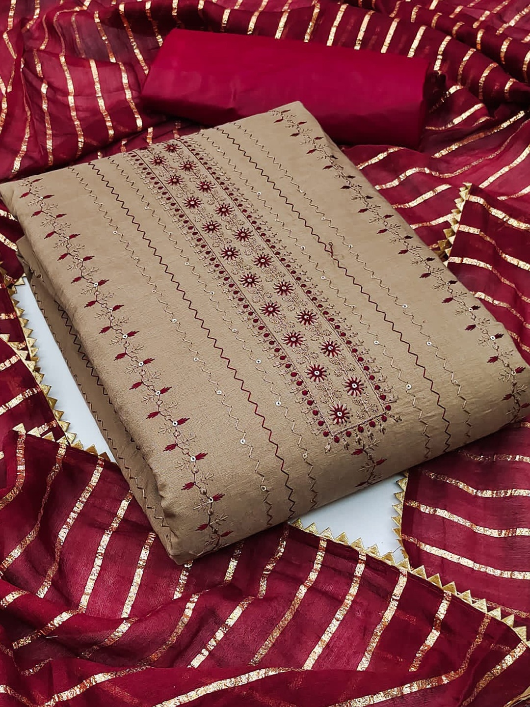 

ZEEPKART Embroidered Unstitched Dress Material, Brown