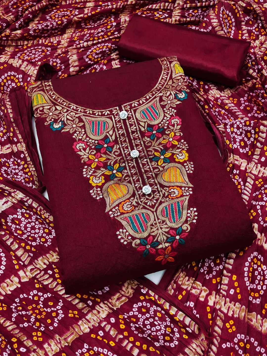 

ZEEPKART Ethnic Motifs Embroidered Unstitched Dress Material, Maroon