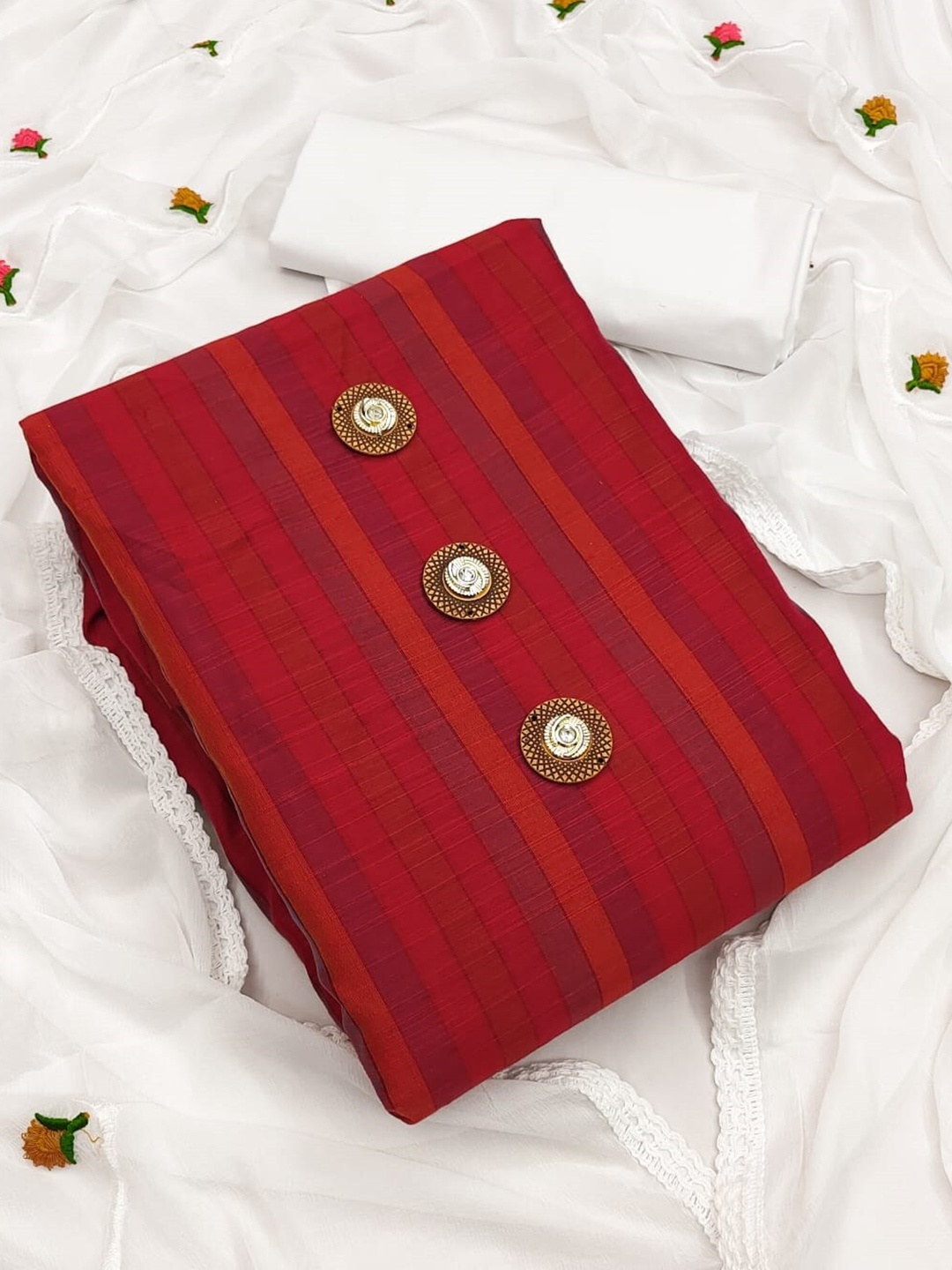 

ZEEPKART Striped Thread Work Unstitched Dress Material, Red
