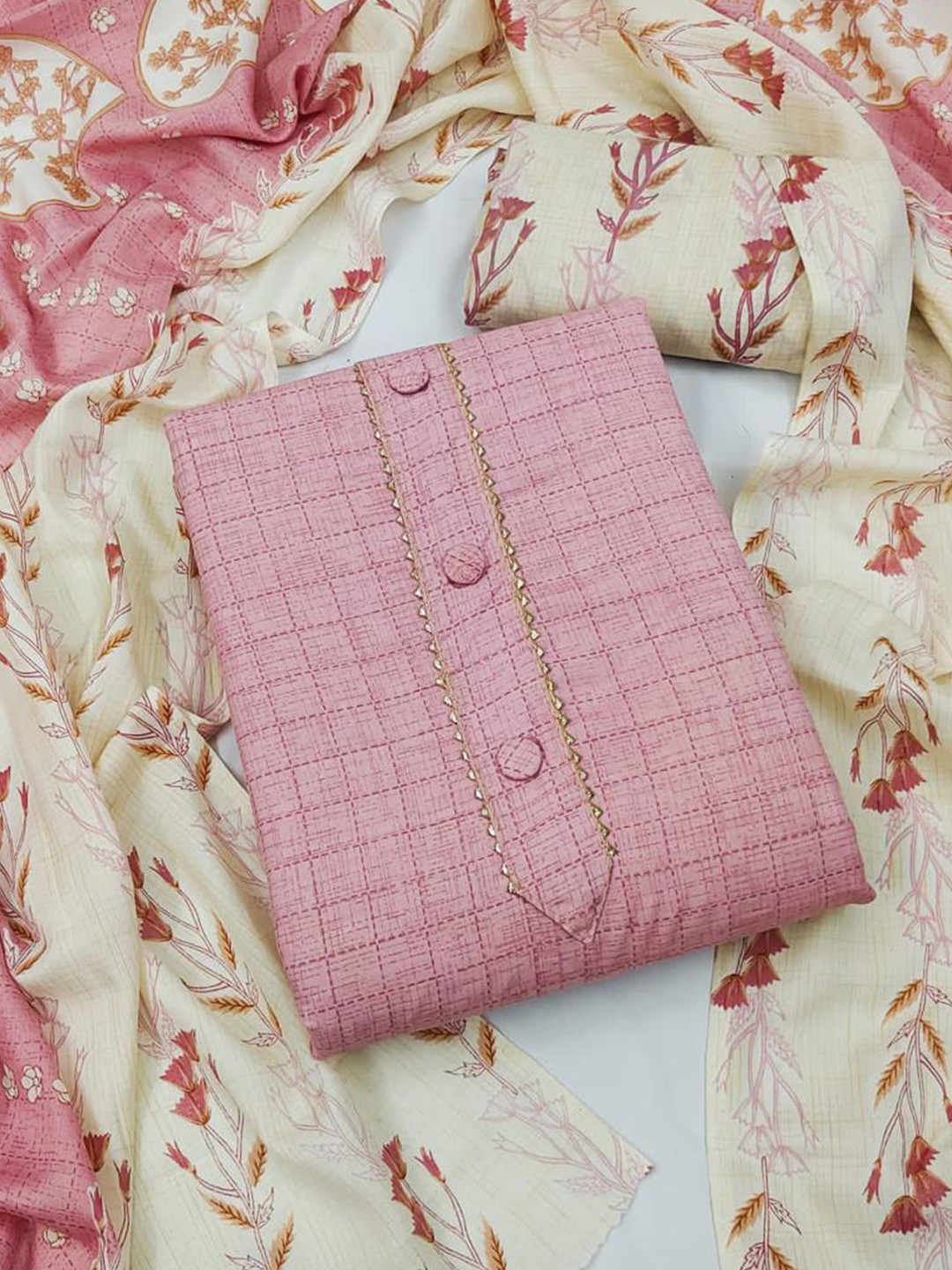 

ZEEPKART Checked Gotta Patti Unstitched Dress Material, Pink