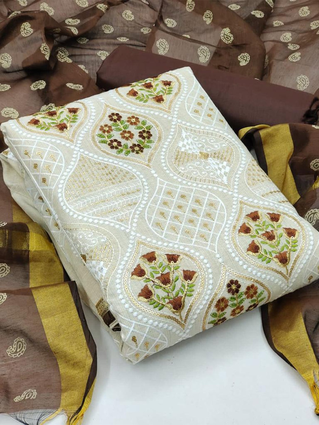 

ZEEPKART Ethnic Motifs Embroidered Sequined Unstitched Dress Material, Brown