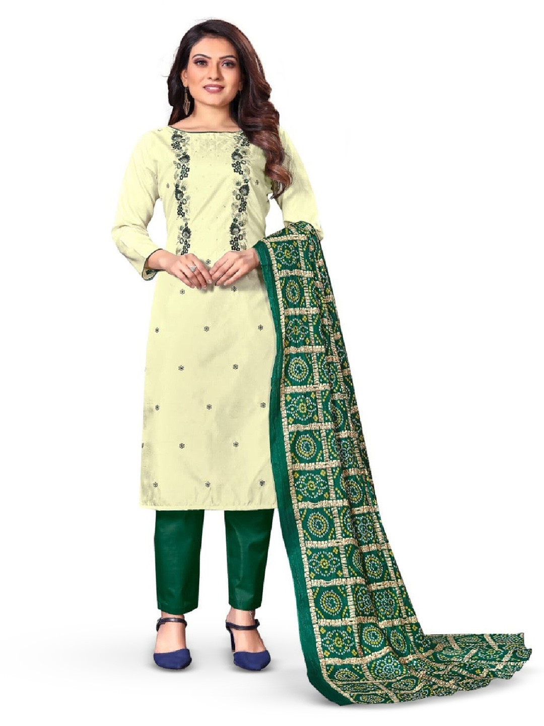 

ZEEPKART Floral Embroidered Unstitched Dress Material, Cream