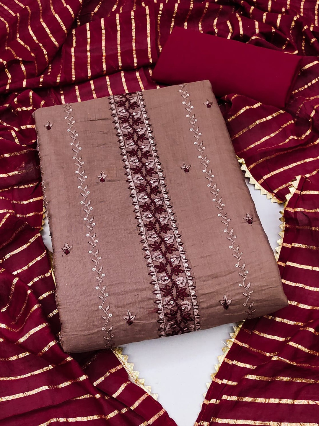 

ZEEPKART Floral Embroidered Unstitched Dress Material, Maroon