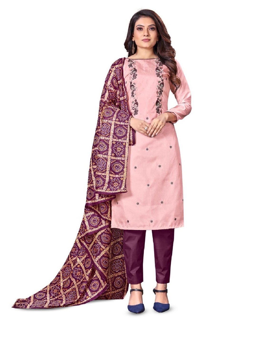 

ZEEPKART Floral Embroidered Unstitched Dress Material, Pink