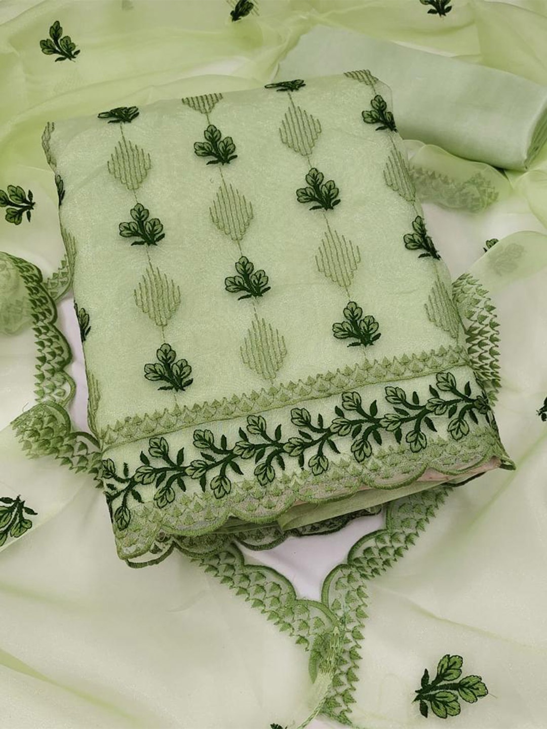 

ZEEPKART Floral Embroidered Organza Unstitched Dress Material, Green
