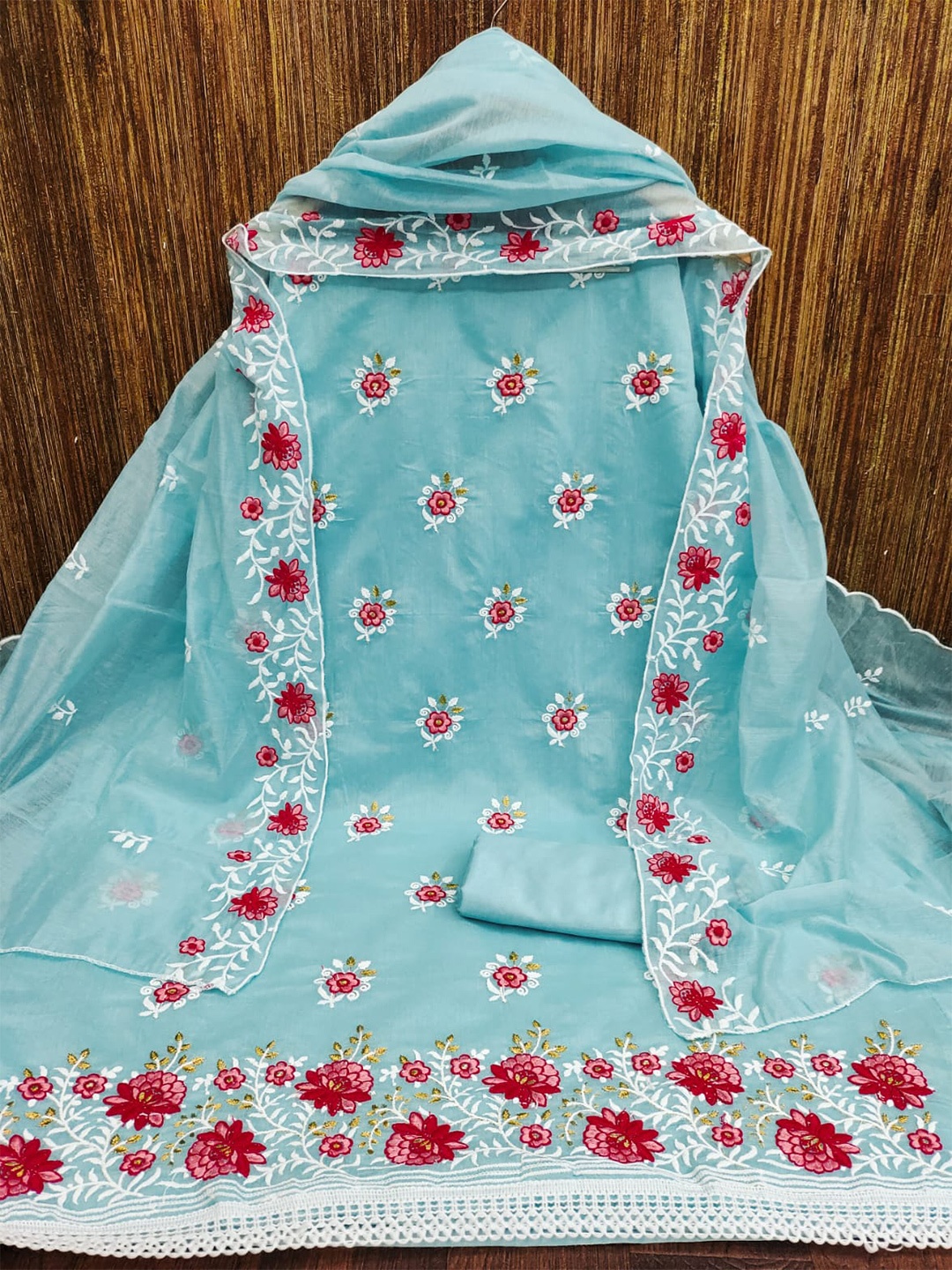 

ZEEPKART Floral Embroidered Unstitched Dress Material, Blue
