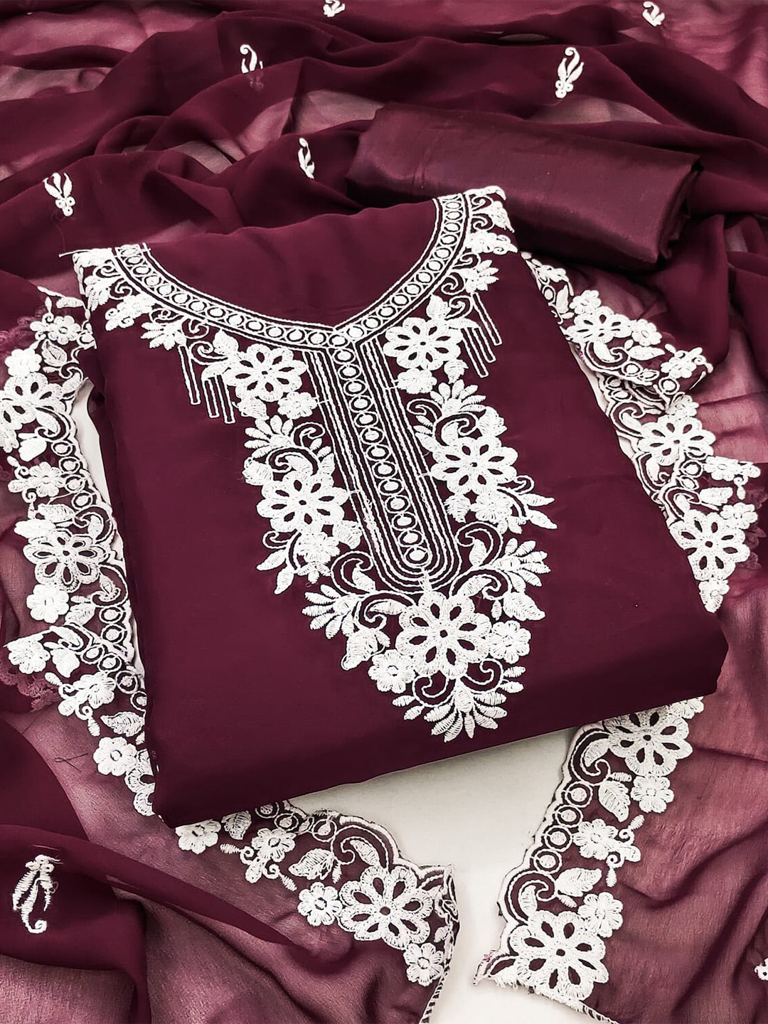 

ZEEPKART Floral Embroidered Unstitched Dress Material, Purple