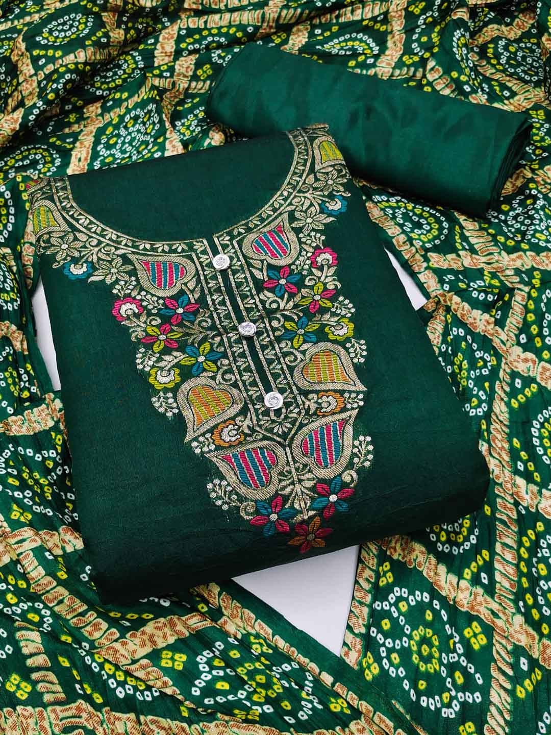 

ZEEPKART Ethnic Motifs Embroidered Unstitched Dress Material, Green