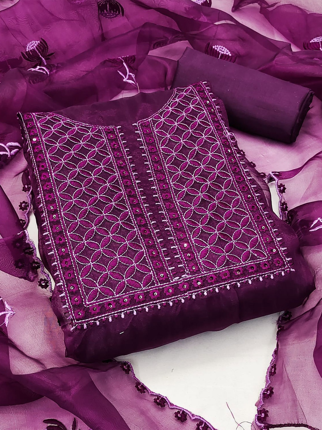 

ZEEPKART Ethnic Motifs Embroidered Unstitched Dress Material, Purple