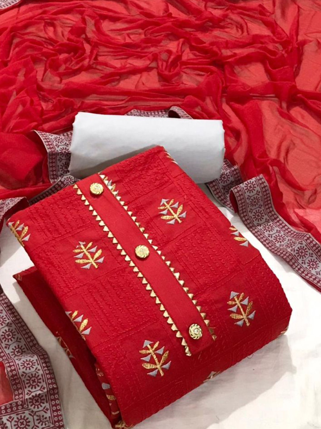 

ZEEPKART Ethnic Motifs Embroidered Unstitched Dress Material, Red