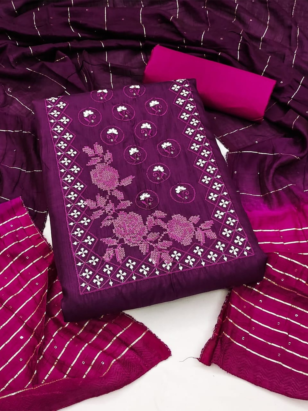 

ZEEPKART Floral Embroidered Sequinned Unstitched Dress Material, Purple