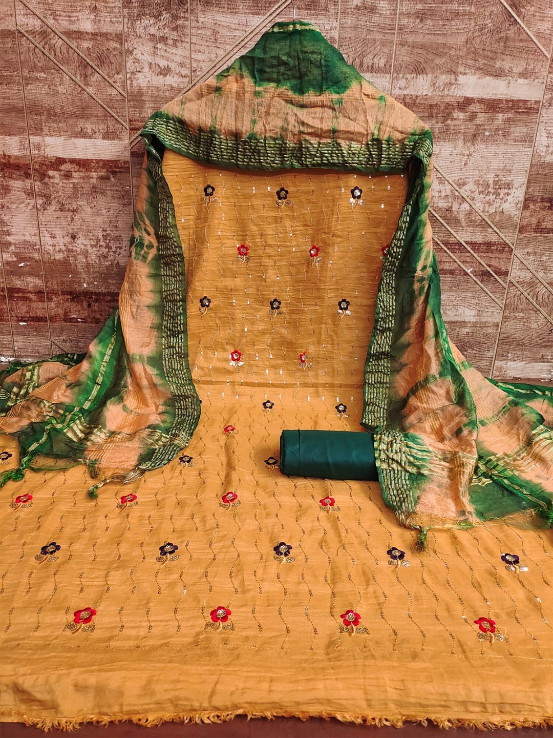 

ZEEPKART Floral Embroidered Unstitched Dress Material, Mustard