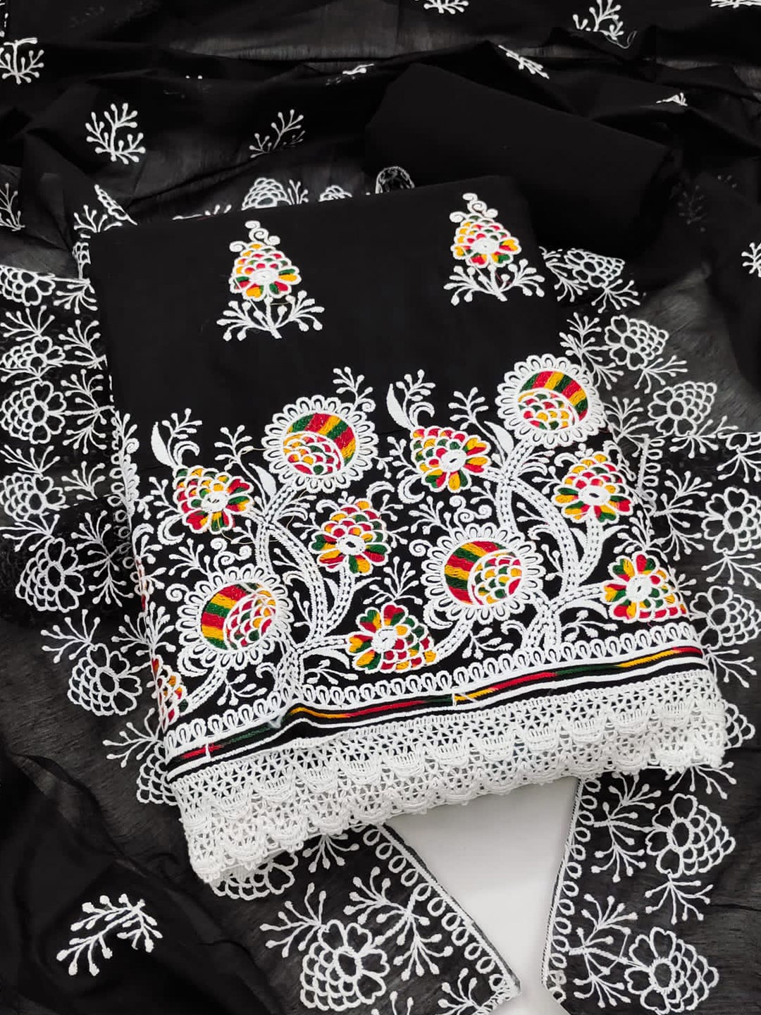 

ZEEPKART Floral Embroidered Unstitched Dress Material, Black