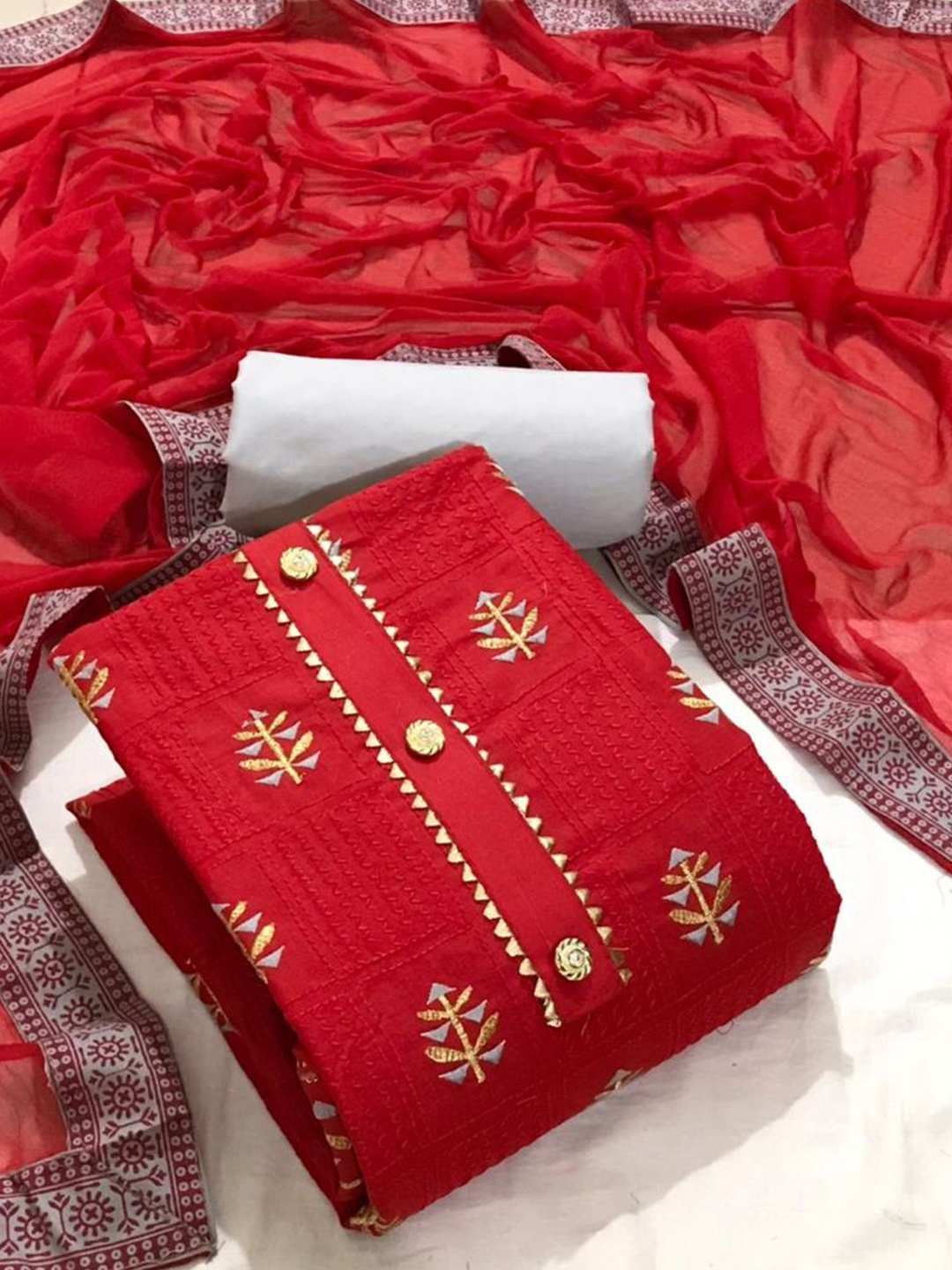 

ZEEPKART Floral Embroidered Unstitched Dress Material, Red
