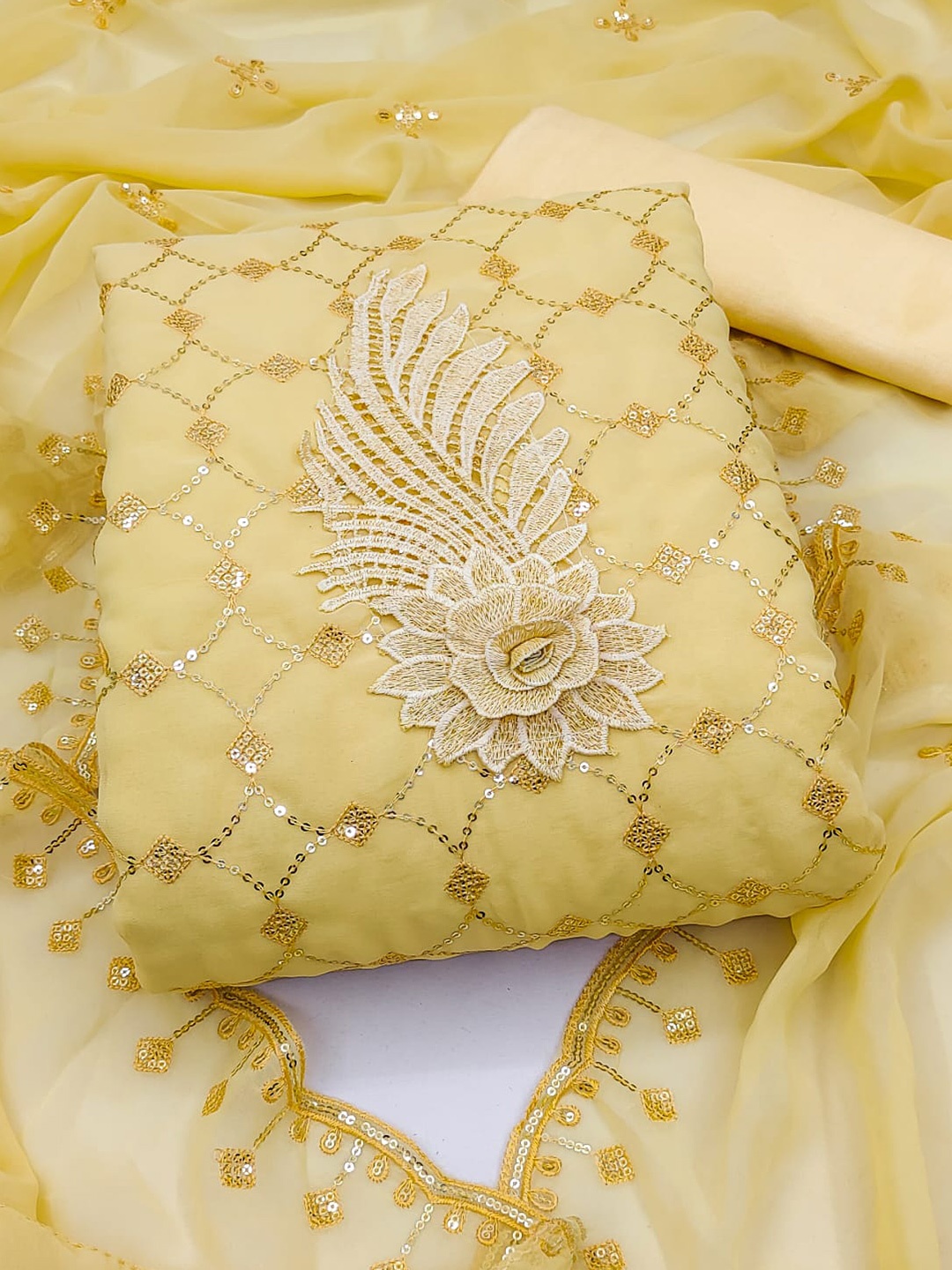 

ZEEPKART Floral Embroidered Sequinned Unstitched Dress Material, Yellow