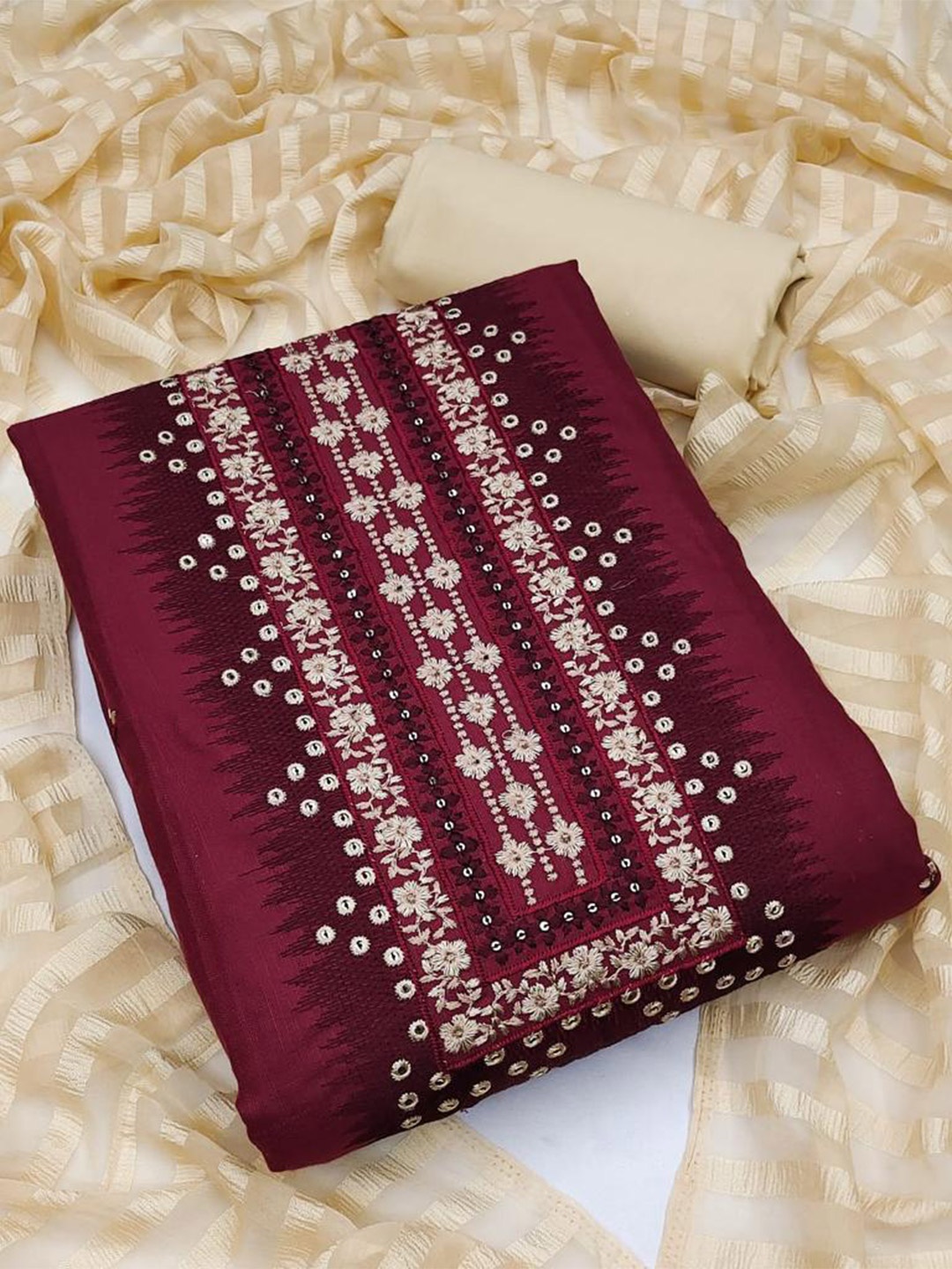 

ZEEPKART Floral Embroidered Sequinned Unstitched Dress Material, Maroon
