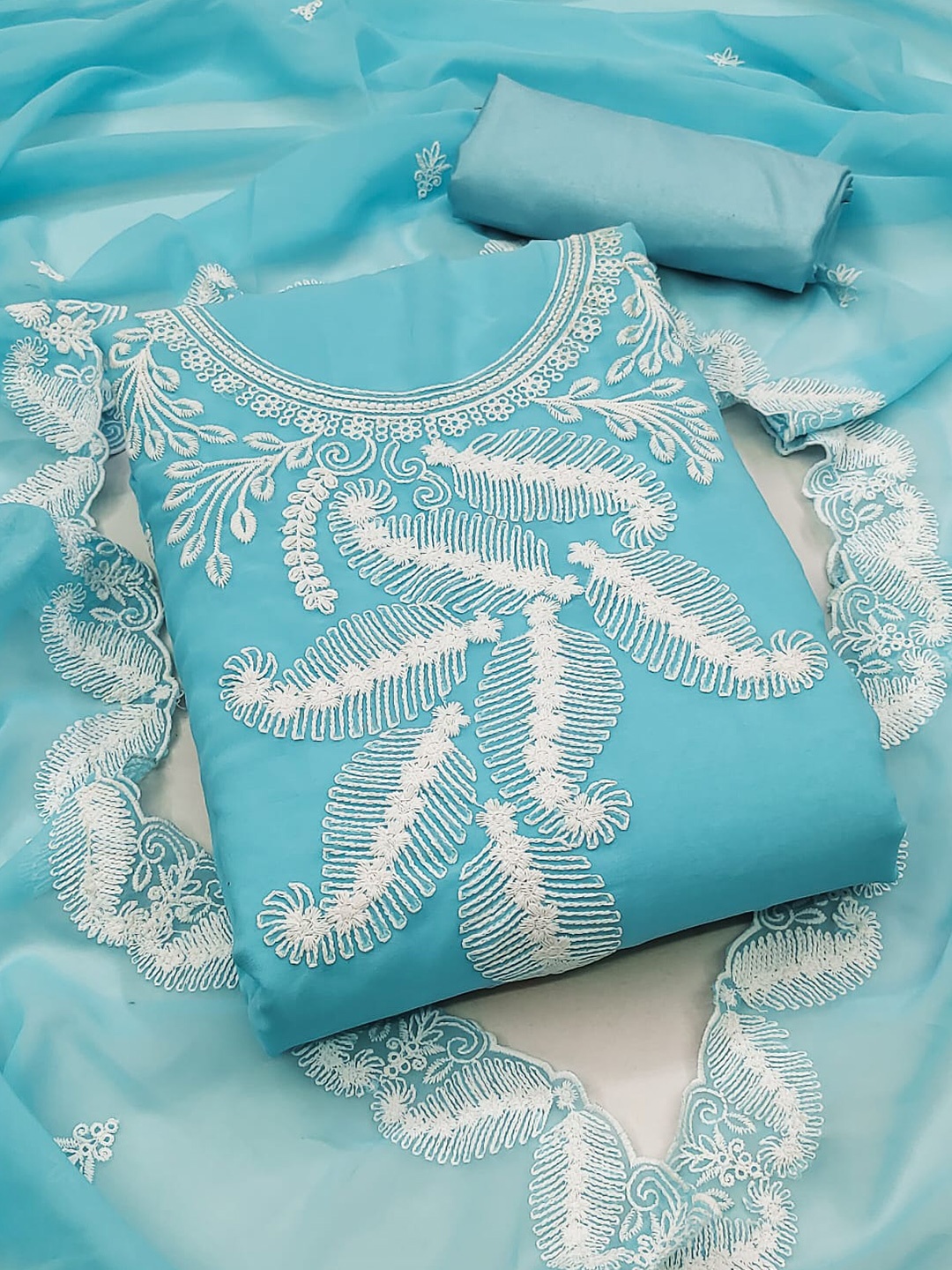 

ZEEPKART Paisley Embroidered Unstitched Dress Material, Blue