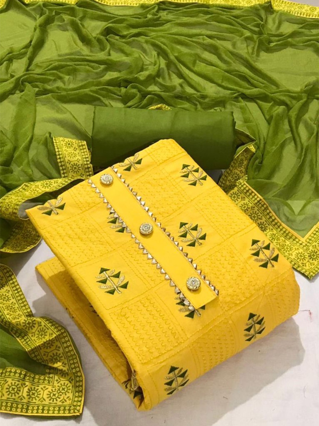

ZEEPKART Ethnic Motifs Embroidered Gotta Patti Unstitched Dress Material, Yellow